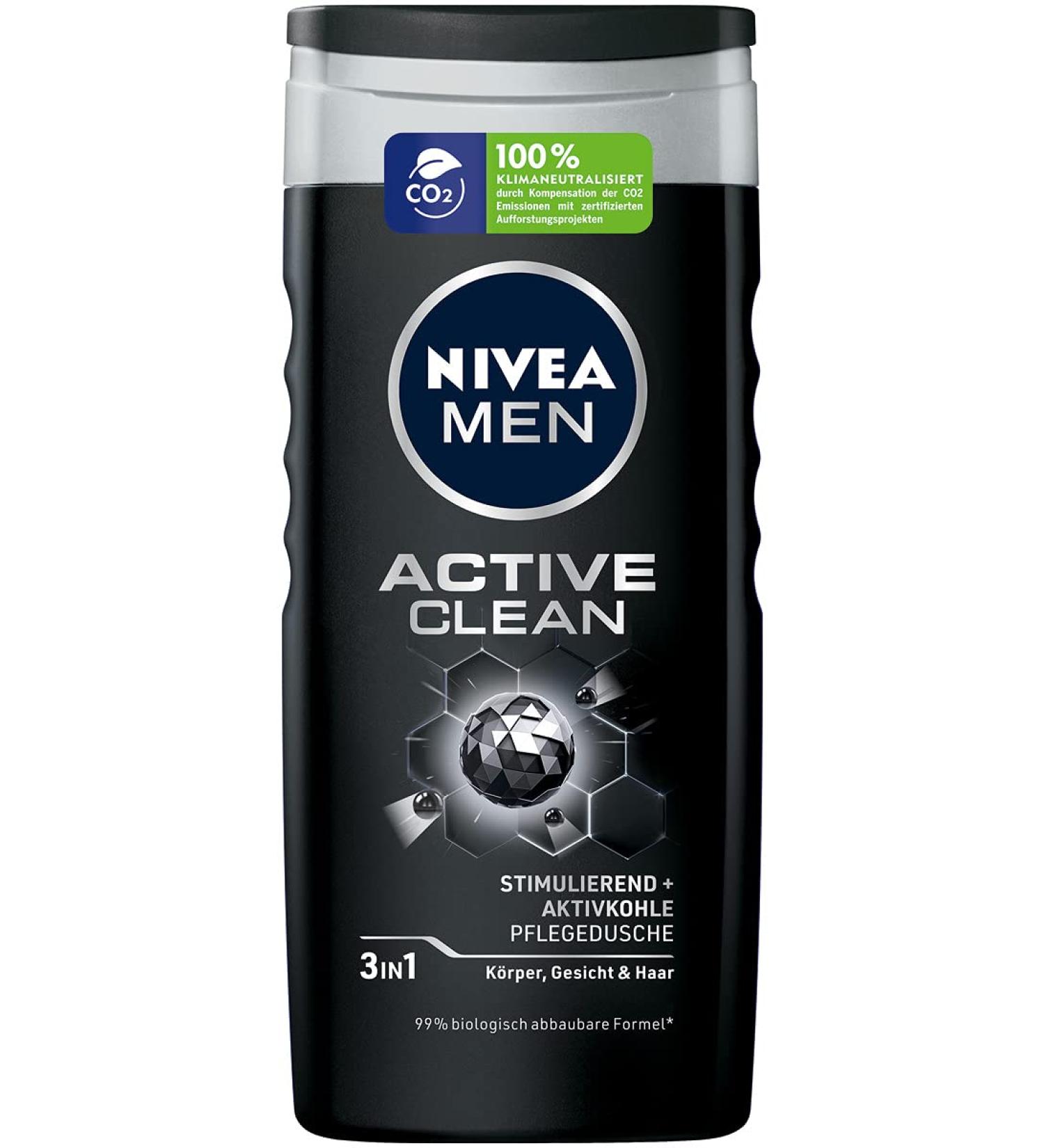 Nivea Men Active Clean Shower Gel (250ml) - Natural Activated Charcoal Formula for Body, Face, and Hair - Refreshing and Biodegradable - Buy Online on GoSupps.com