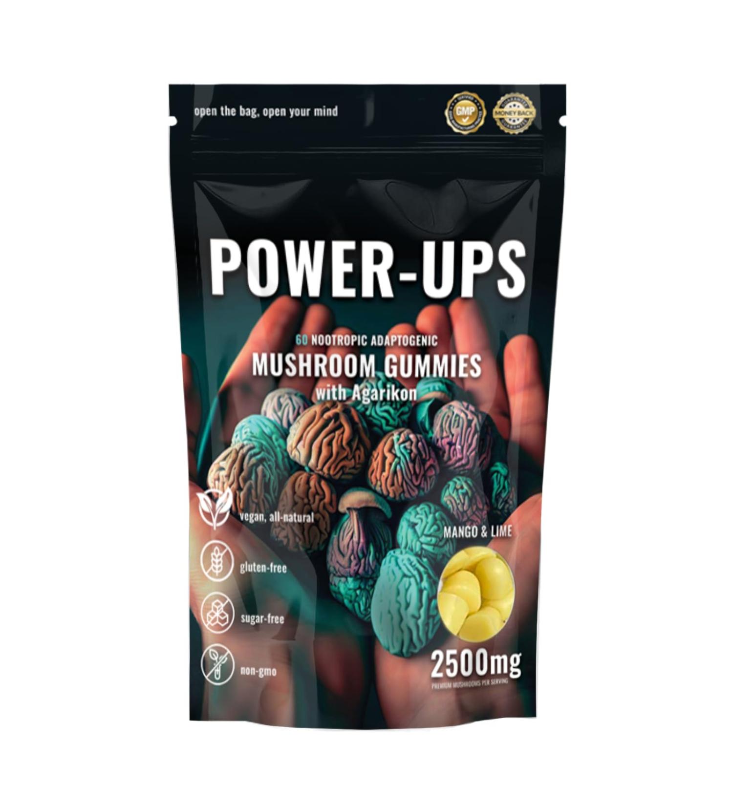 Power-Ups Mushroom Gummies Nootropic Adaptogenic with Agarikon, Mango & Lime Flavor, Vegan, Gluten-Free, Sugar-Free, Non-GMO, 10x Mushrooms, Focus, Energy, Mental Clarity, Lion's Mane, Reishi, Chaga - Buy Online on GoSupps.com