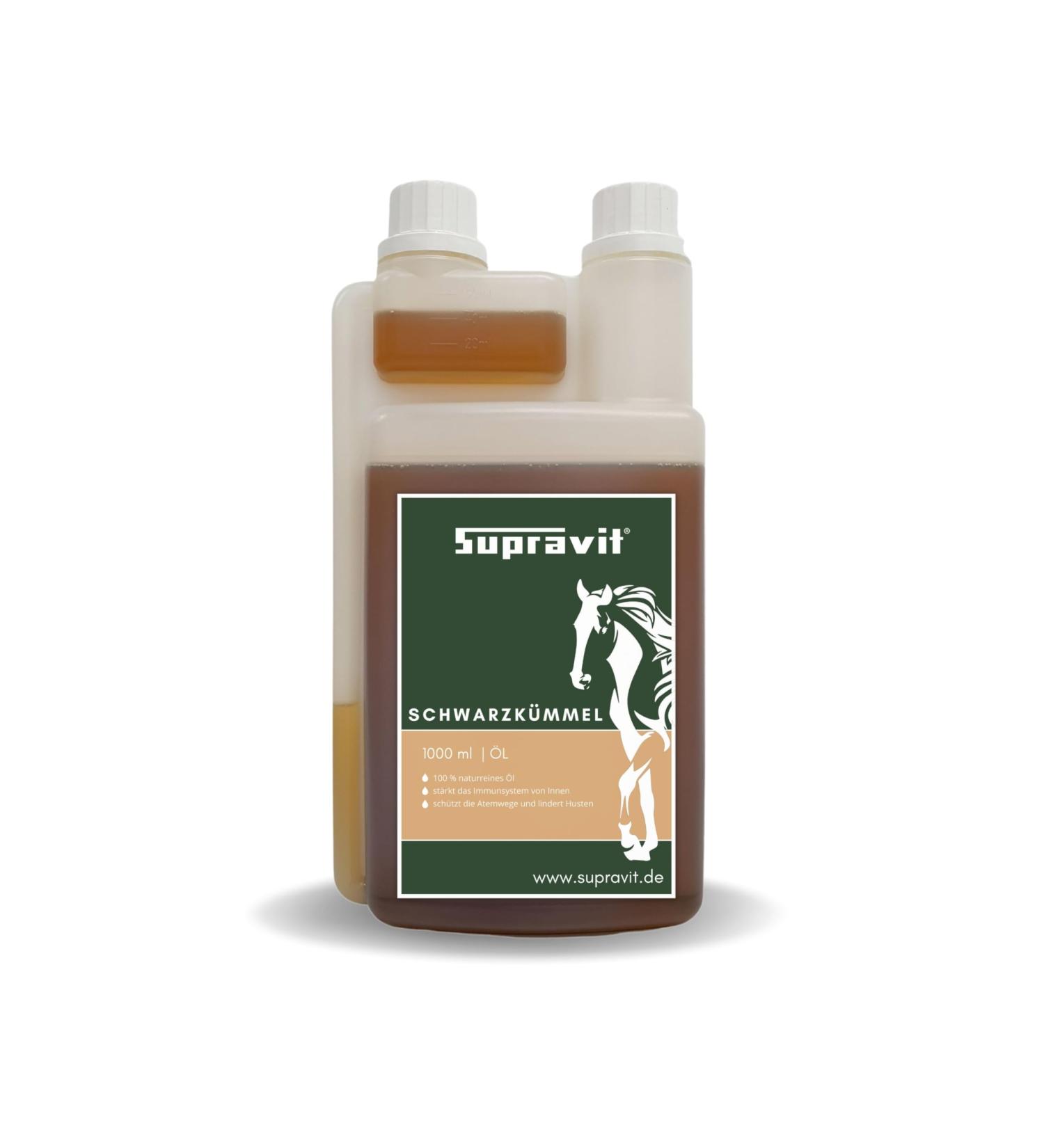 Supravit Black Cumin Oil for Horses & Dogs | 1000ml Cold Pressed Natural Oil | German Quality for Feeding Fur & Hoof Care - Buy Online on GoSupps.com