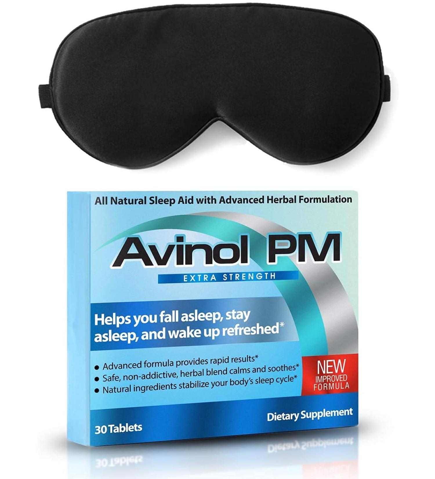 Avinol PM Extra Strength and Dream Elements Sleep Mask | All-in-One Natural Sleep Aid (30 ct) - 100% Pure Mulberry Silk Eye Mask (with Foam Ear Plugs & Anti Snoring Nose Clip) (2 Items) - Buy Online on GoSupps.com