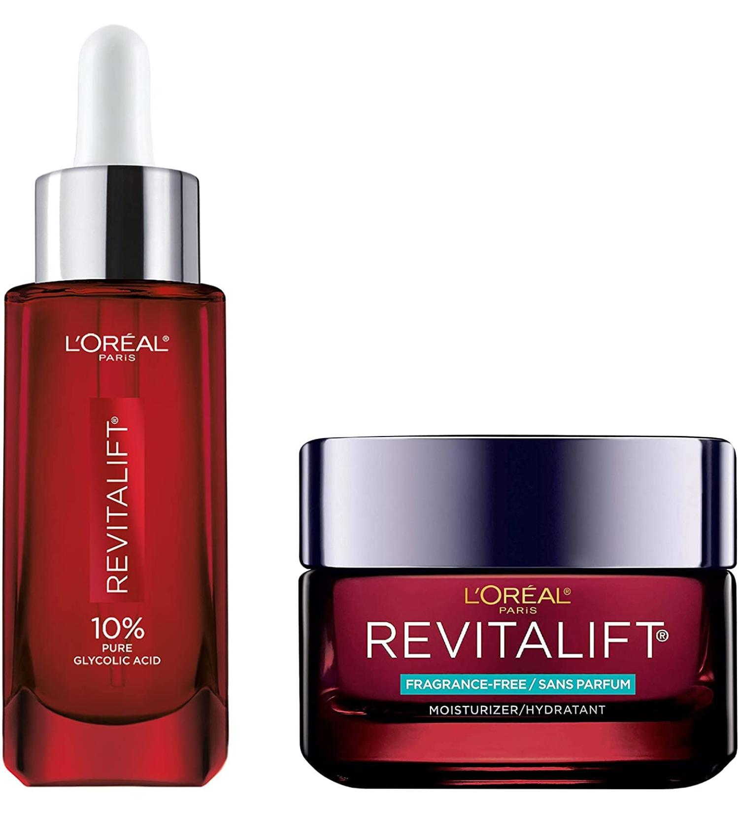 L'Oreal Paris Anti Aging Skincare Kit with Glycolic Acid Serum + Day Moisturizer for Face Even Skin Tone Revitalift Triple Power Lzr Fragrance Free Paraben Free Dermatologist Tested 2 piece kit - Buy Online on GoSupps.com
