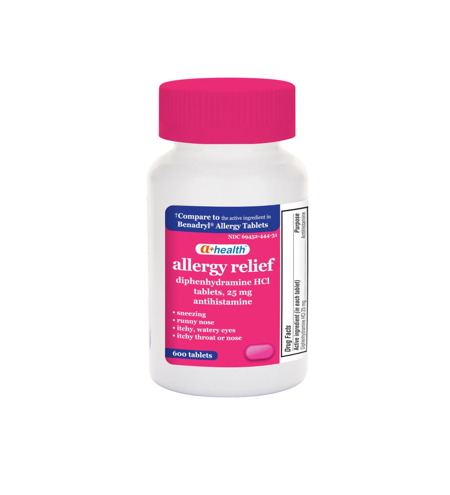 A+Health Allergy Relief Diphenhydramine HCl 25mg Tablets 600 Count Antihistamine Relief of Runny Nose Sneezing Watery Eyes - Buy Online on GoSupps.com