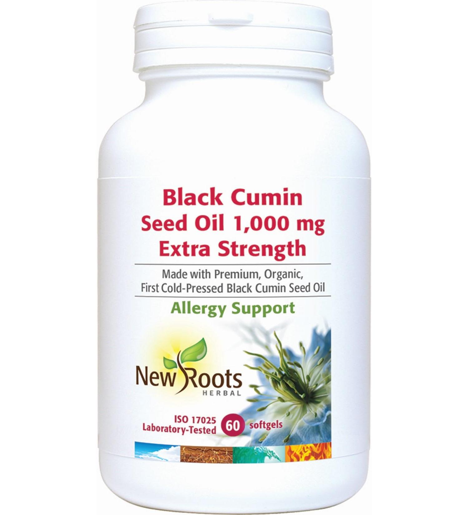 New Roots Herbal - Black Cumin Seed Oil 1000mg Extra Strength 60 Softgels Made with Premium Organic First Cold-Pressed Black Seed Oil for Allergy Support - Pure Black Seed Oil for Overall Wellness - Buy Online on GoSupps.com