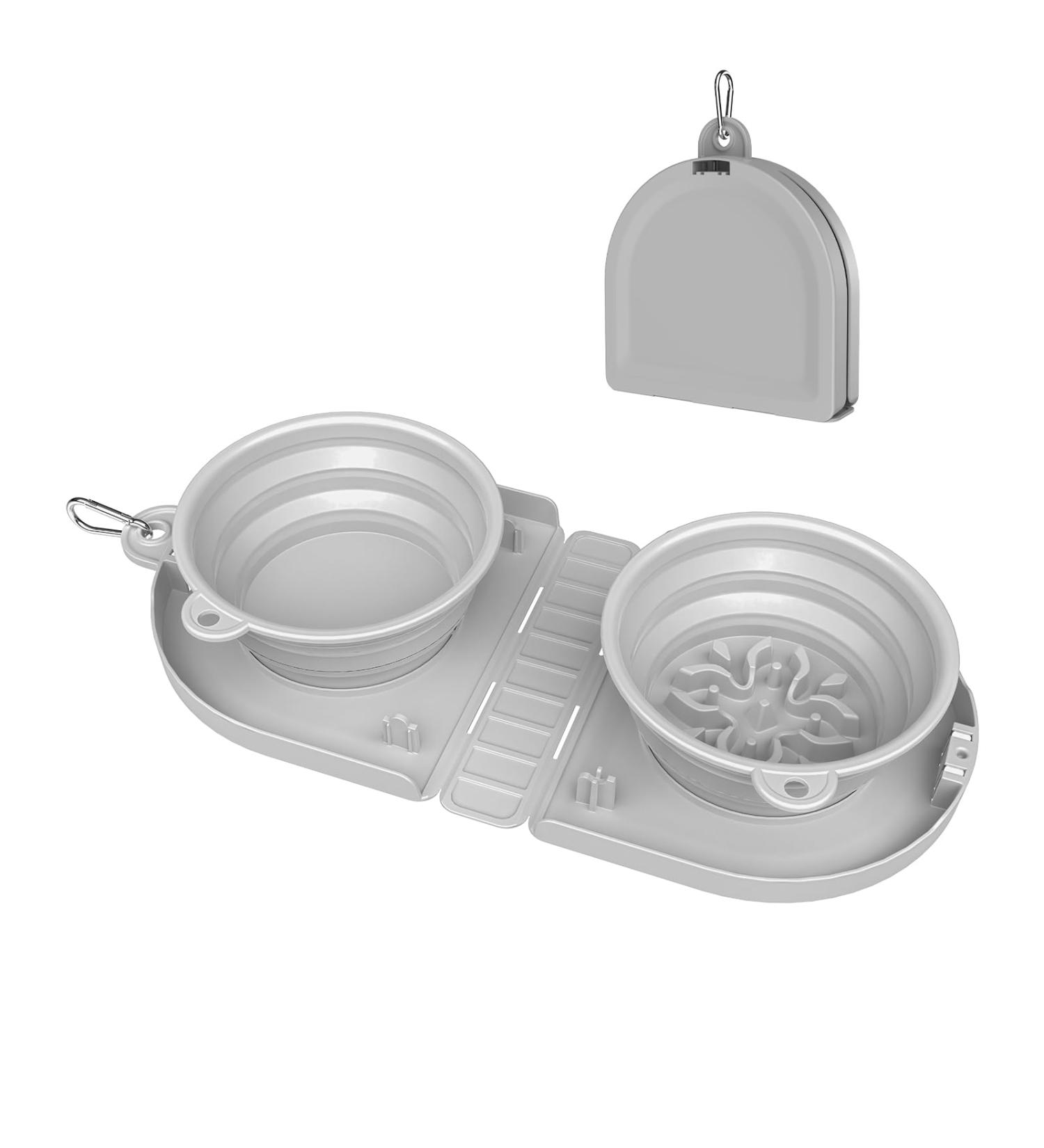 Tokayife Foldable Dog Bowl 2-in-1 Travel Water & Food Bowl with Carabiners | Double Bowl Gray | Ideal for Indoor & Outdoor Use - Buy Online on GoSupps.com