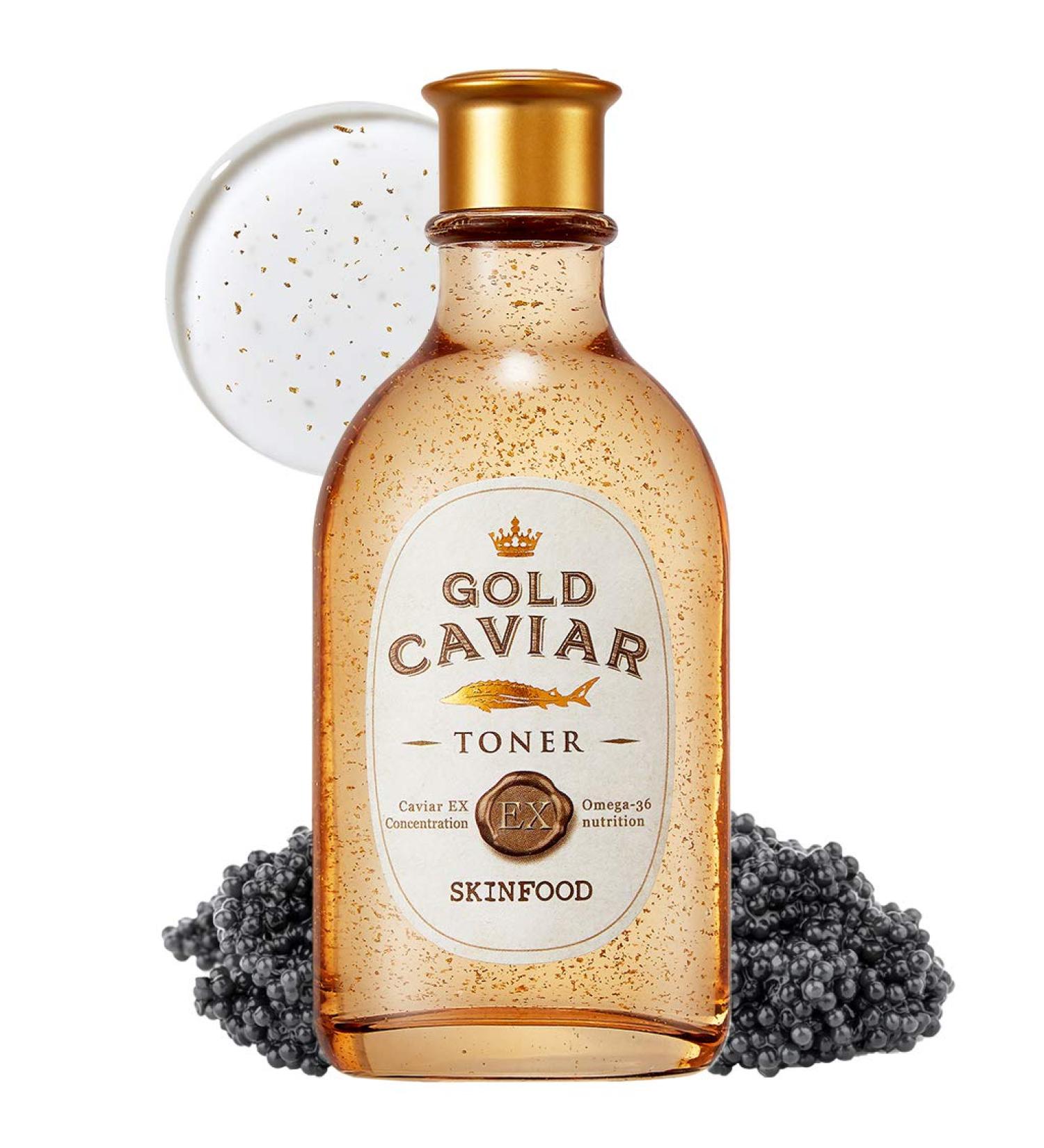 SKINFOOD Gold Caviar EX Facial Toner 145ml - Nourishing Moisturizer for Dry & Aging Skin - Illuminating Wrinkle & Pimple Reducer - Buy Online on GoSupps.com