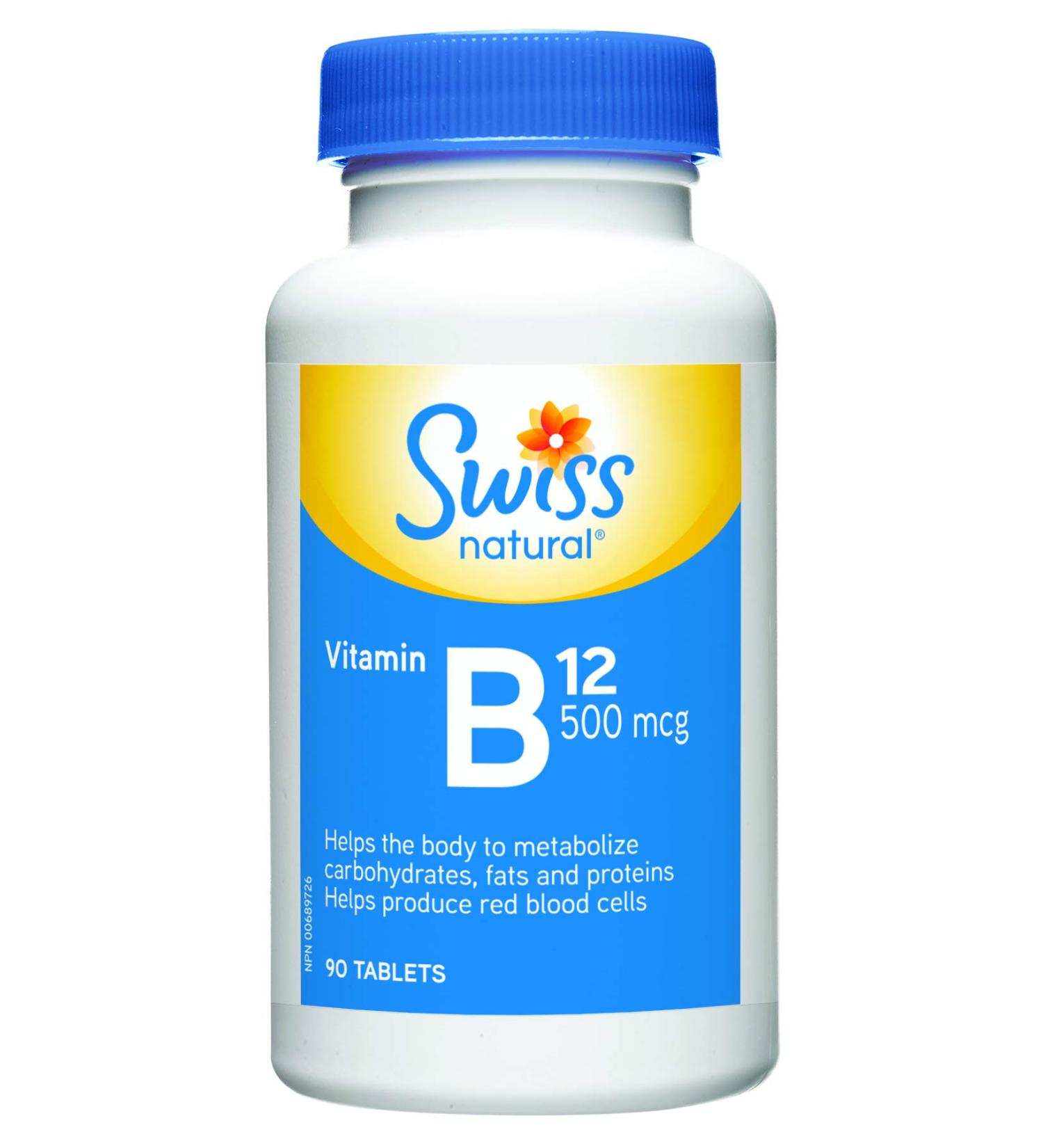 Swiss Natural Vitamin B12 (Cyanocobalamin) 500mcg | 90 Tablets | Helps metabolize carbohydrates fats and proteins - Buy Online on GoSupps.com