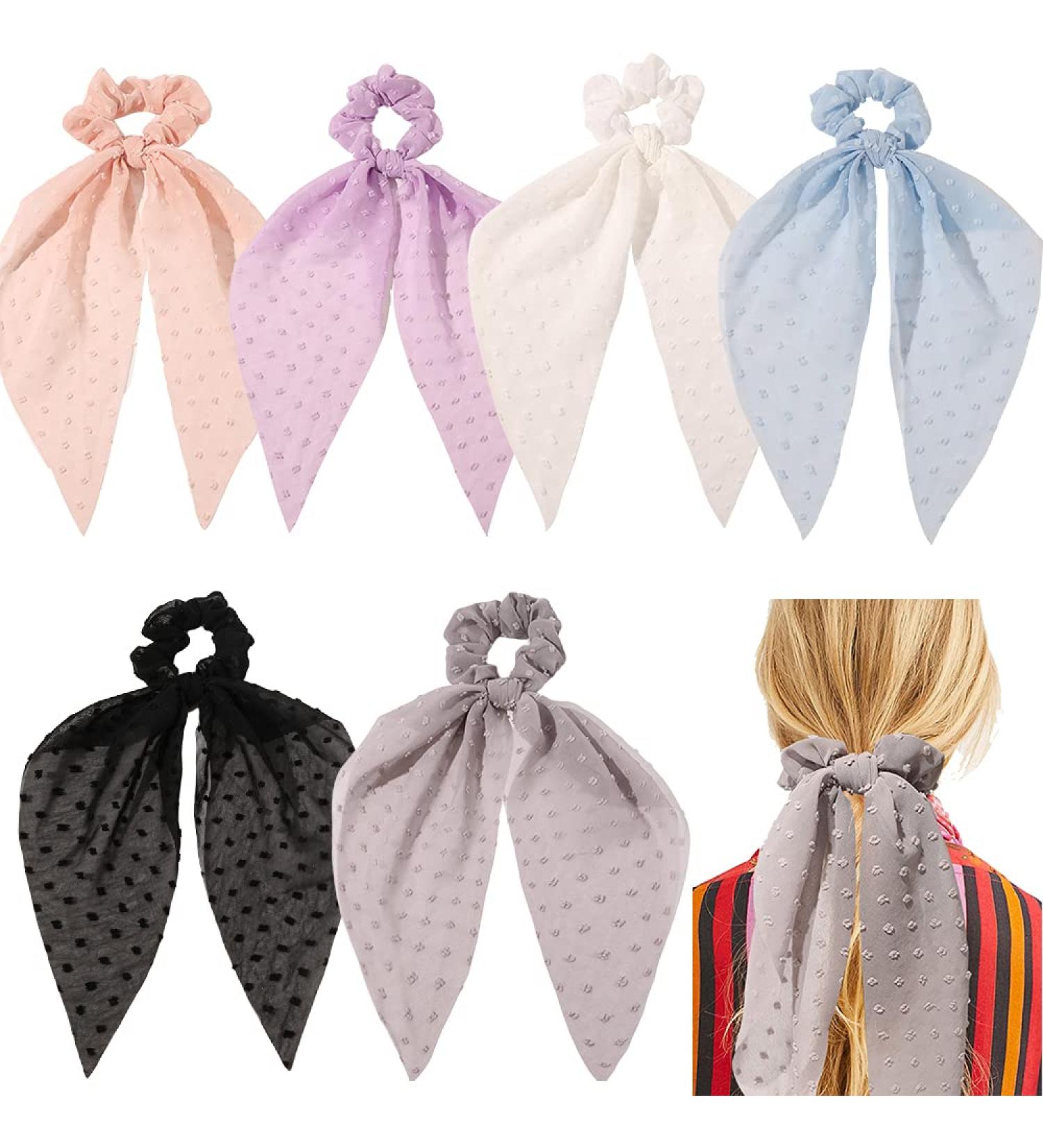 Black Bowknot Satin Silk Long Hair Scarf Scrunchies for Women - 6Pcs Elastics Ponytail Holder with Donut Hair Ties - Buy Online on GoSupps.com