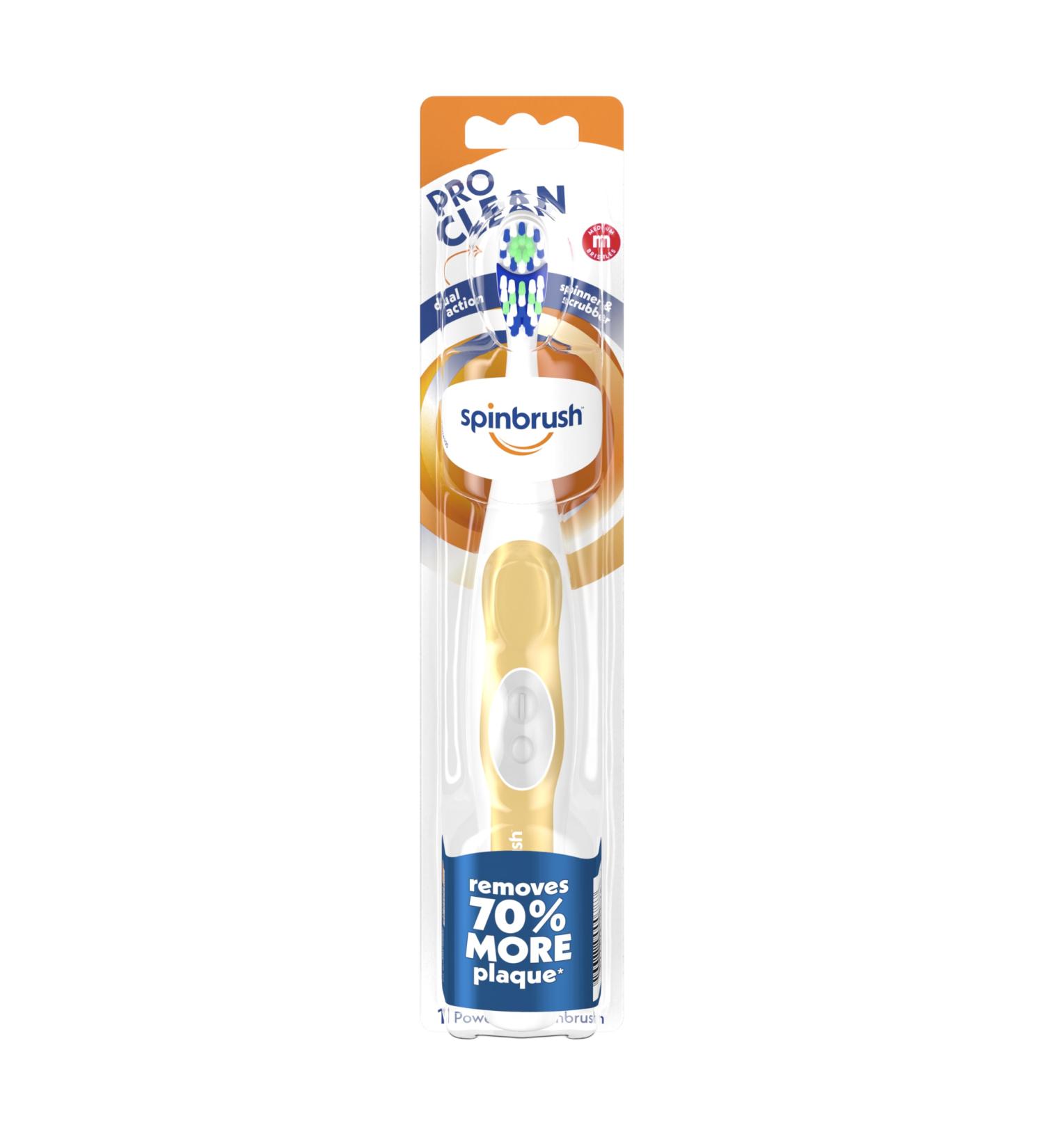 Spinbrush PRO CLEAN Battery Powered Toothbrush - Medium Bristles Gold/Blue - 1 Count | International Shipping Available - Buy Online on GoSupps.com