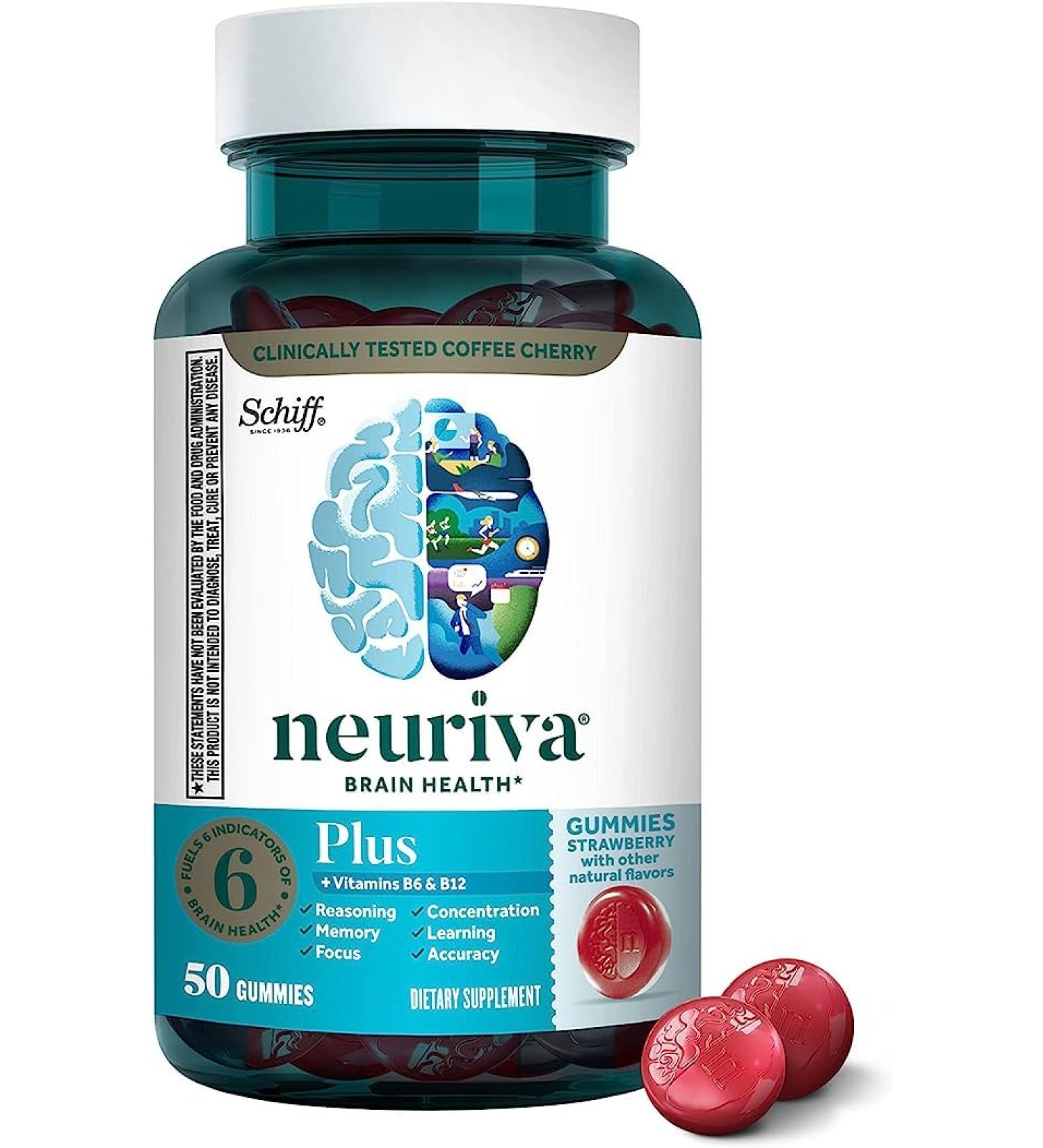 NEURIVAPlusBrain NEURIVABrainPlus Supplement for Memory Focus & Concentration+Cognitive Function with Vitamins B6 & B12 and Clinically Tested Nootropics Phosphatidylserine and Neurofactor 50ct Strawberry Gummies - Buy Online on GoSupps.com