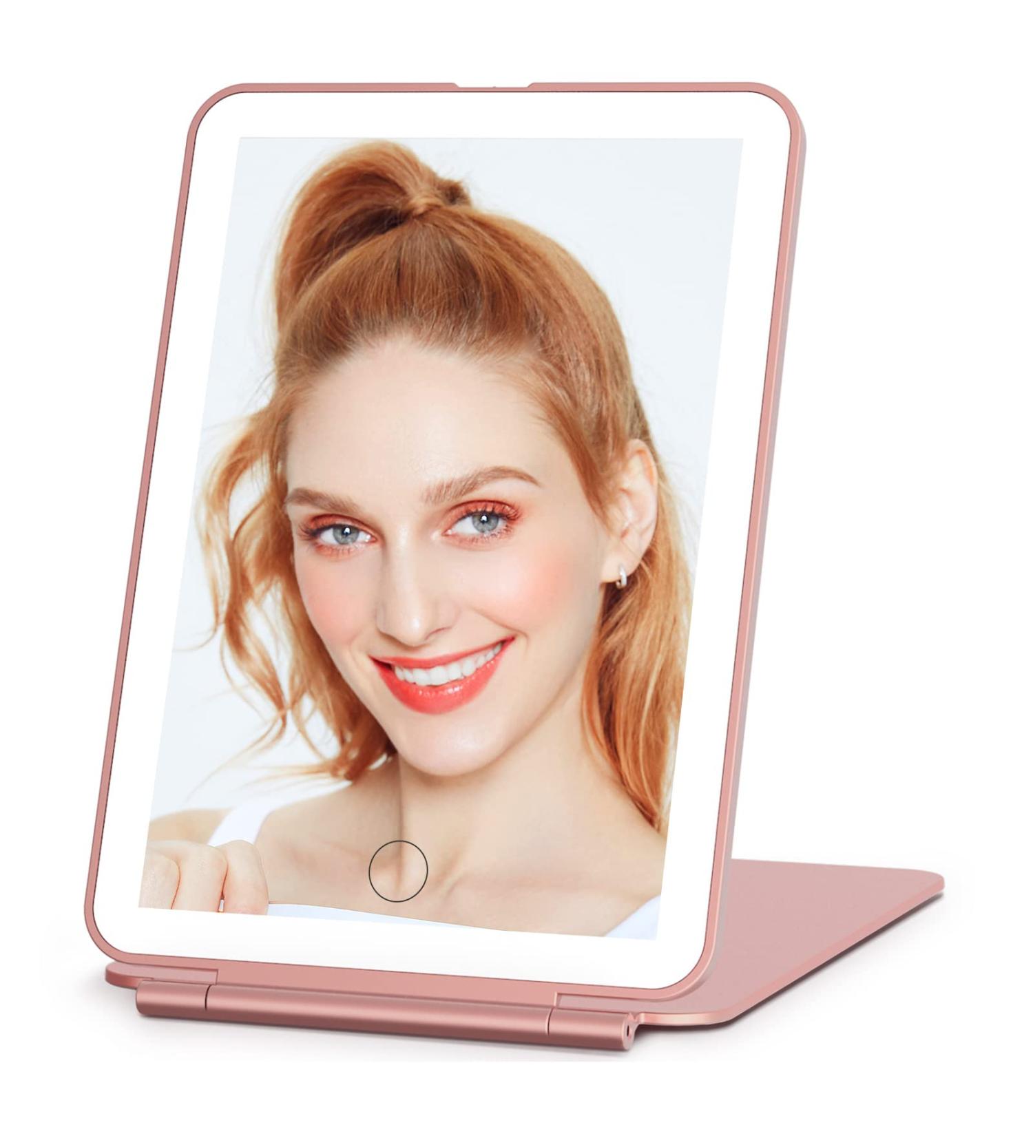 Famihomii Rechargeable LED Lighted Travel Makeup Mirror - 3 Colors, Touch Screen Dimming, Portable Rose Gold Compact Design - Buy Online on GoSupps.com