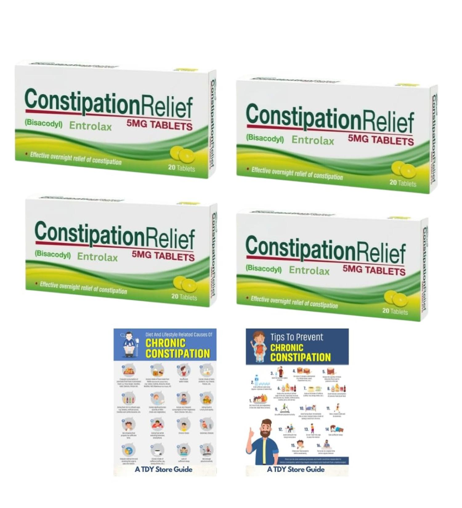 Entrolax Bisacodyl 5mg (4 Pack) Effective Overnight Relief of Constipation 80 Tablets Stool Softener TDY Bundle Including Constipation Relielf & Prevention Guides - Buy Online on GoSupps.com