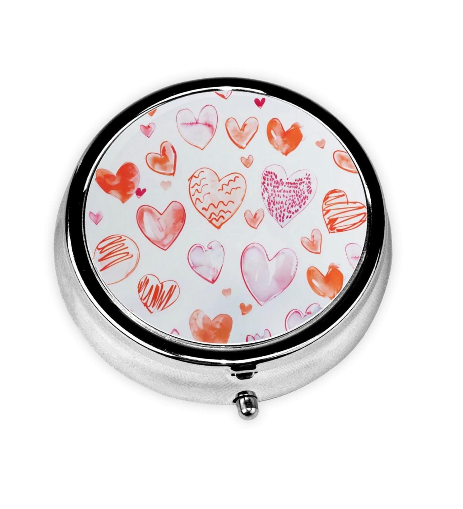 Cute Colorful Red Hearts Portable Metal Pill Box | Round Mini 3-Compartment | Travel Essential for Small Pills | Hinged Design - Buy Online on GoSupps.com