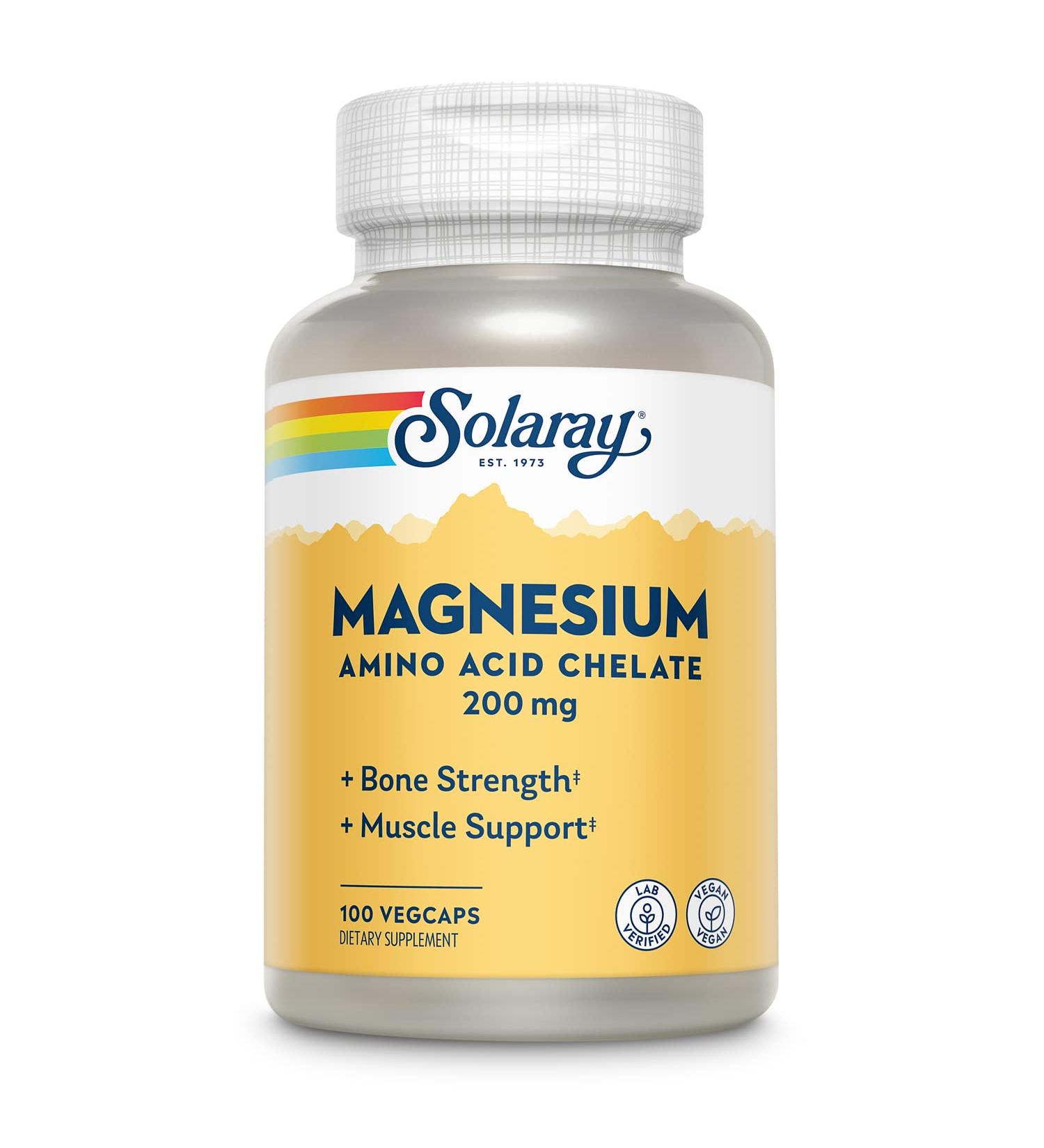 Solaray Magnesium Amino Acid Chelate - Bone Strength, Muscle & Nerve Support - 100 VegCaps - Buy Online on GoSupps.com