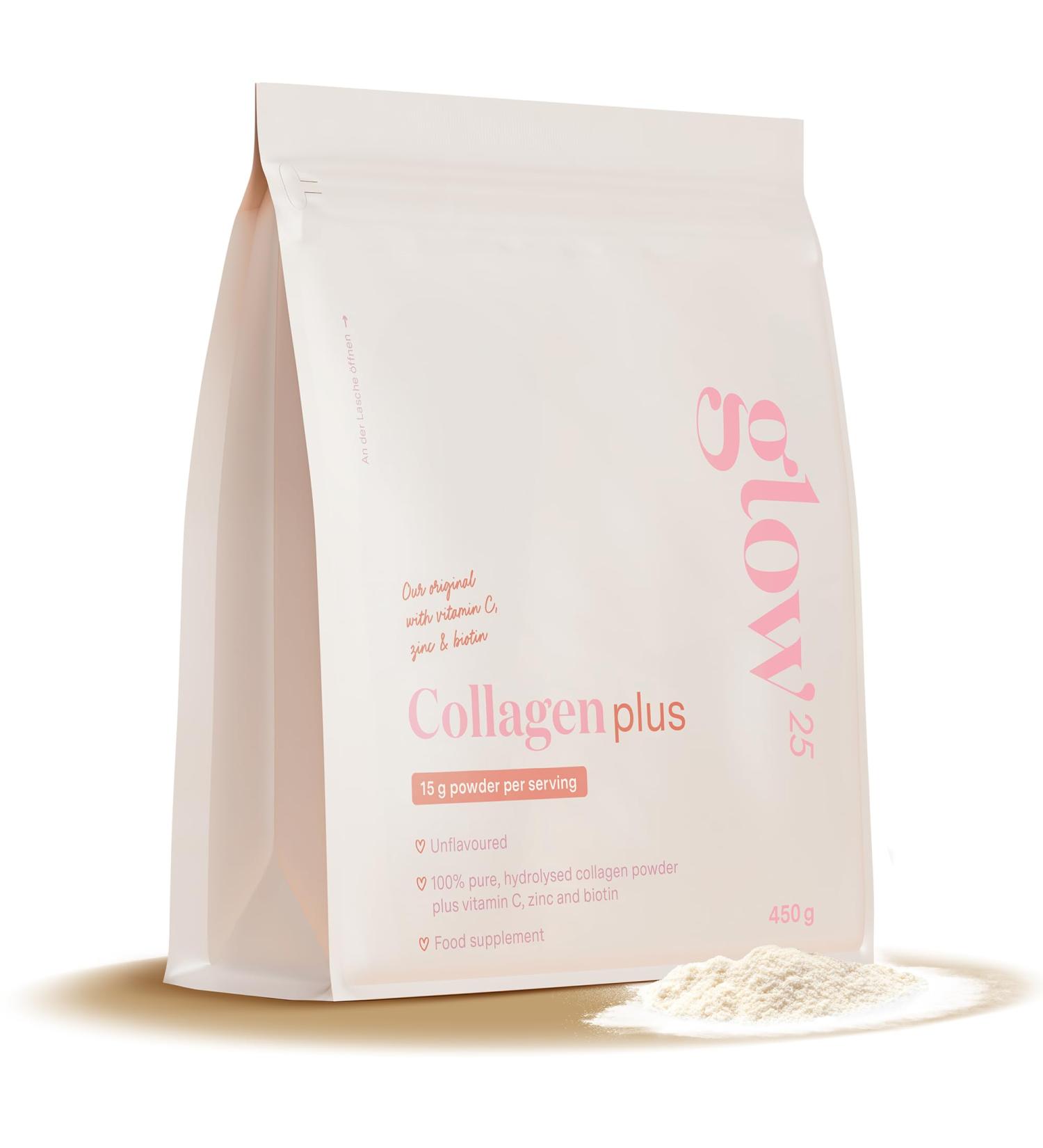 Glow25 Collag ne Plus 450g - Compl ment Alimentaire - avec Vitamine C Zinc et Biotine - Hydrolysat de Collag ne Premium - Peptides Type 1 et 3 - Haute Solubilit - Collagen Plus (450g) - Buy Online on GoSupps.com