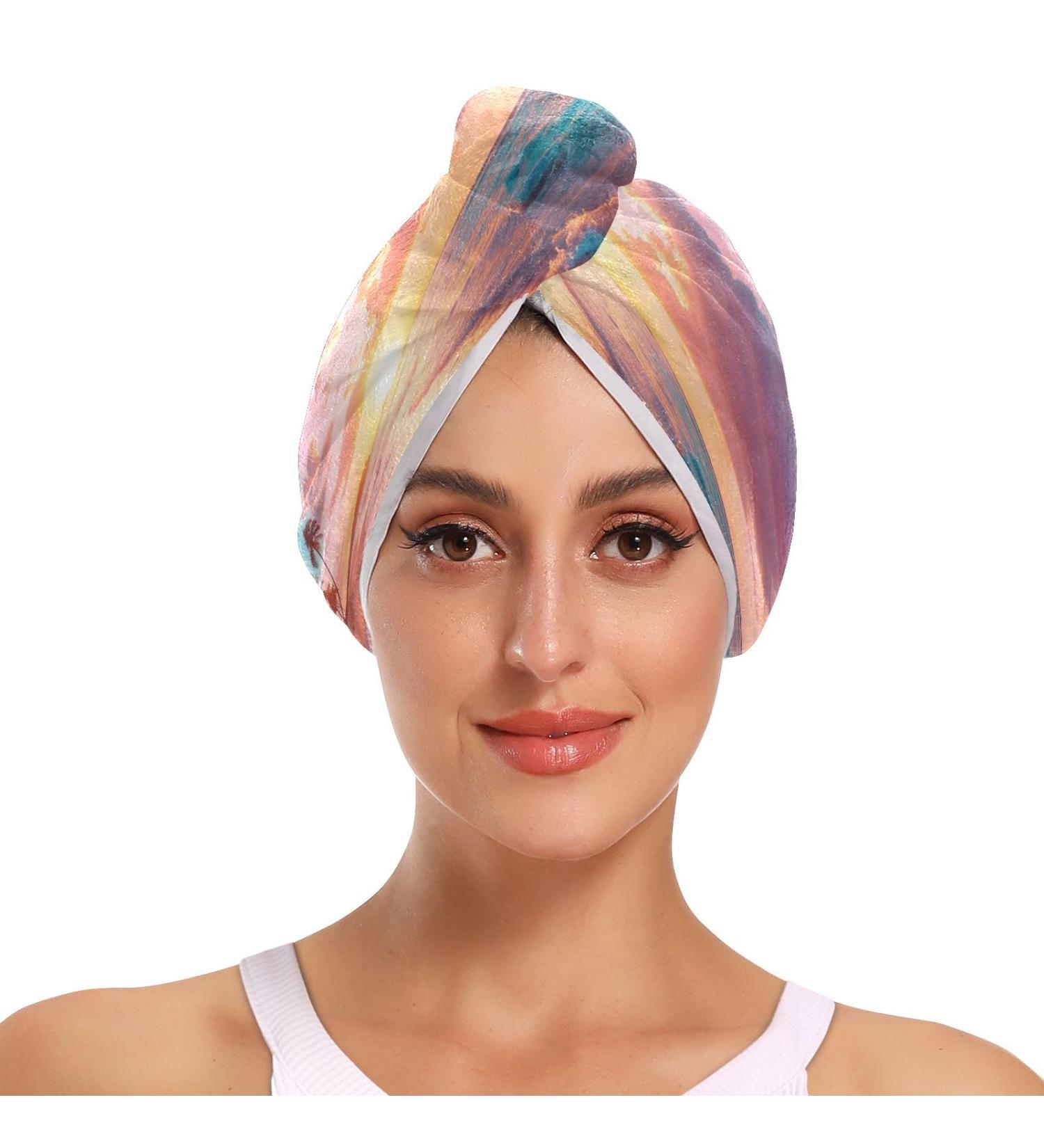 Sunset Sea Hair Towel 2 Pack - Super Absorbent Quick Dry Hair Turbans with Button Wrap for Women & Girls | International Shipping - Buy Online on GoSupps.com