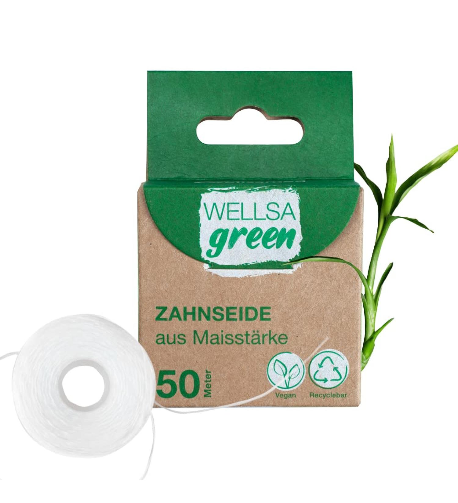 Wellsamed Wellsagreen Organic Dental Floss 50m - Eco-Friendly Corn Starch with Mint Flavor for Healthy Teeth - Buy Online on GoSupps.com