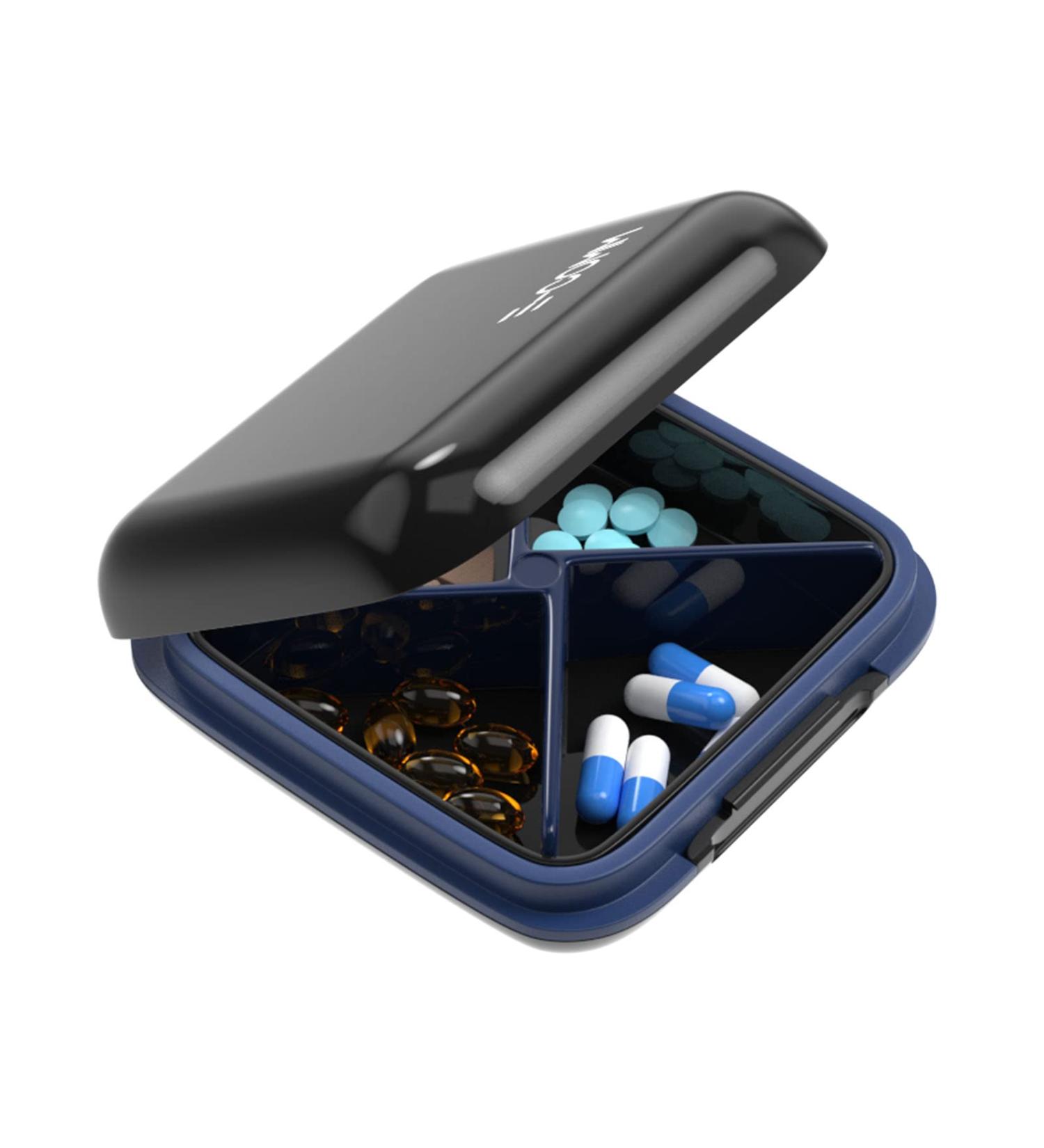 Portable Waterproof Pill Organizer - Daily 4 Compartment Black Case for Medicine Vitamins & Travel - Buy Online on GoSupps.com
