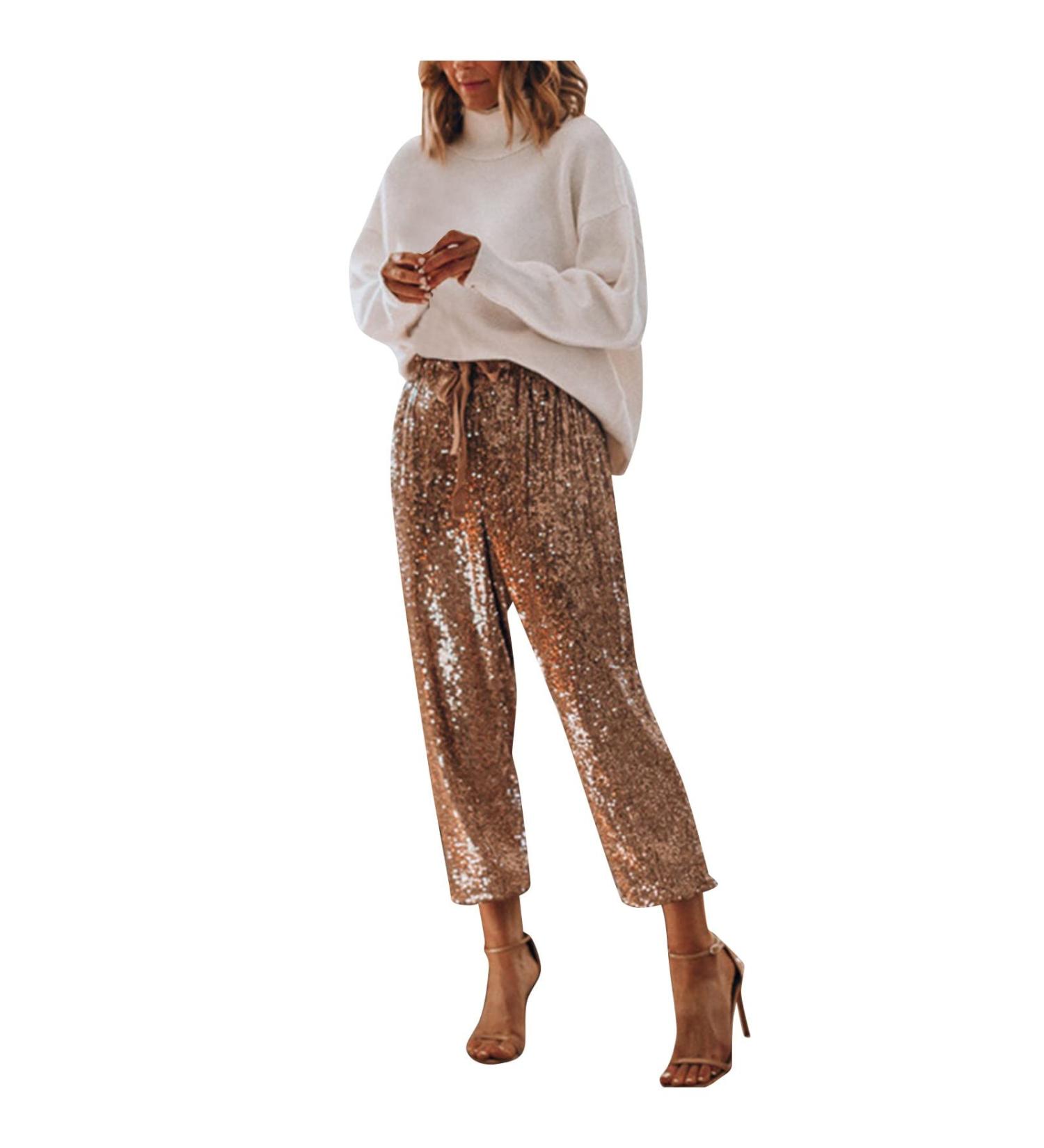 Duohropke High Waist Sequin Pants for Women - Elegant Glitter Party Pants with Elastic Band | Stylish & Comfortable Loose Long Trousers in Gold - Buy Online on GoSupps.com