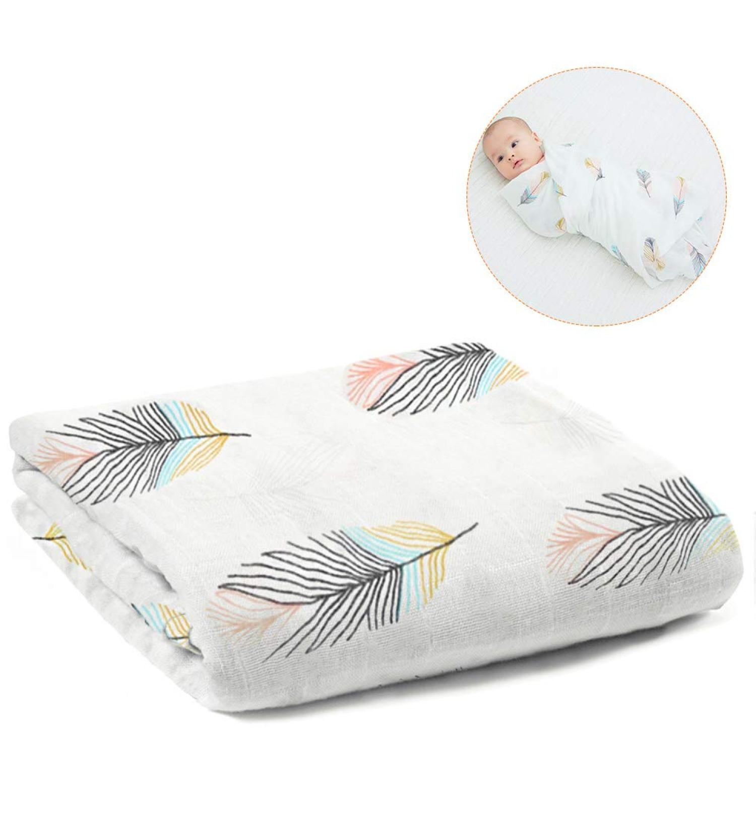 ALBOYI Organic Cotton Baby Muslin Washcloth | Soft Newborn Towel | Cartoon Print | 120cmX110cm | Swaddle Blanket | Shower Wipe - Feather Print | 1 Pcs - Buy Online on GoSupps.com