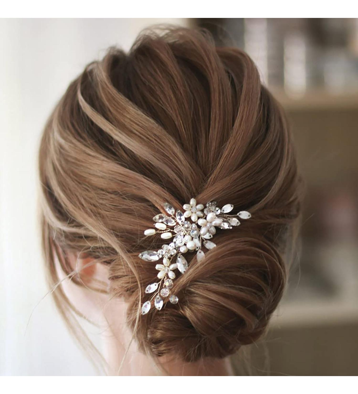Bride Wedding Pearl Hair Pins - Silver Bridal Accessories for Women | Rhinestone Flower Headpieces - Buy Online on GoSupps.com