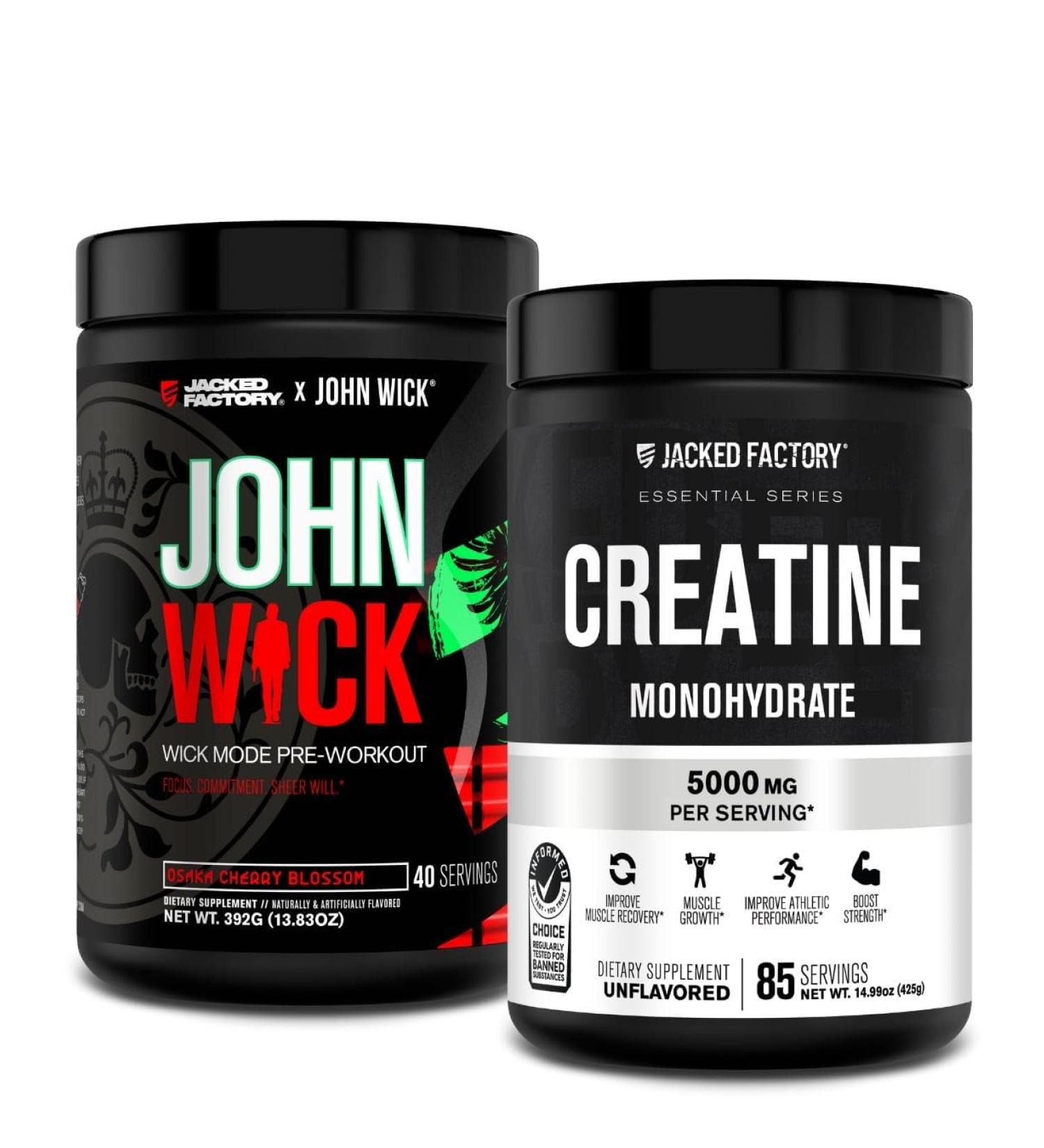 Jacked Factory X John Wick - Wick Mode Pre Workout Powder (Osaka Cherry Blossom 40 Servings) & Creatine Monohydrate Powder (Unflavored 85 Servings) - Buy Online on GoSupps.com