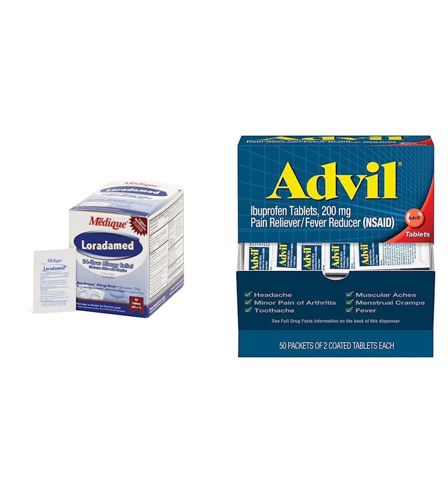 Medique 20350 Loradamed 50 Tablets & Advil Pain Reliever - 100 Tablets, Ibuprofen 200mg for Pain Relief - Buy Online on GoSupps.com
