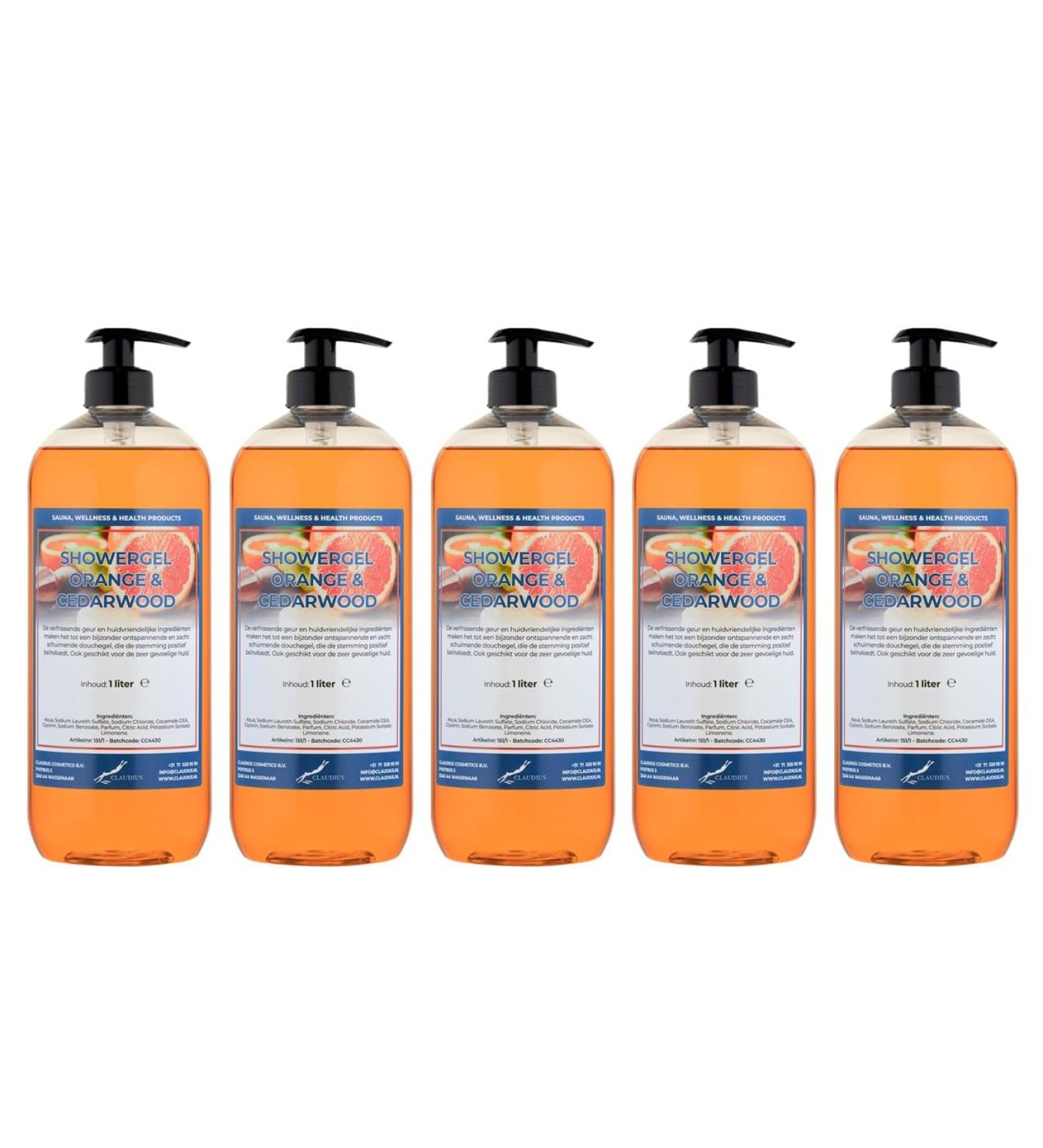 Claudius Showergel Sweet Orange & Cedarwood 5 x 1 liter with 5 pumps transparent