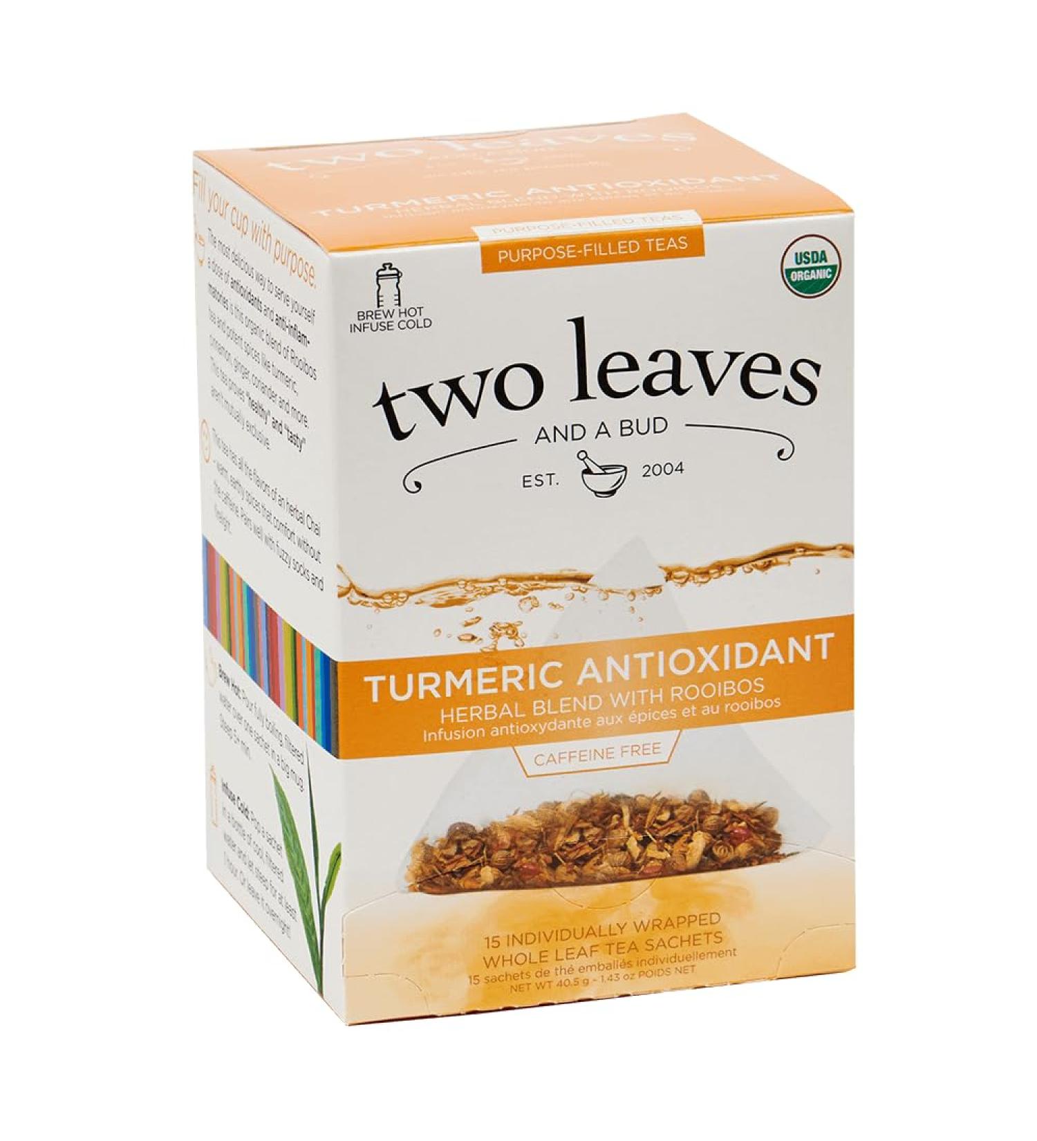 TWO LEAVES Certified Organic Turmeric Antioxidant Tea Bags 15/Pack (sold as 2 packs/case)