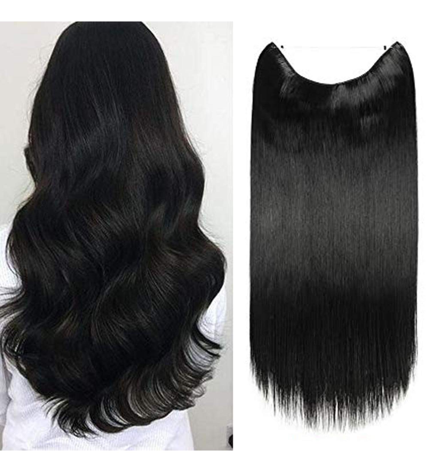 Silk-co 24 inch Wire in Hair Extensions One Piece Hairpiece Sythetic Hidden Elastic Long Straight Half Head Black - Buy Online on GoSupps.com