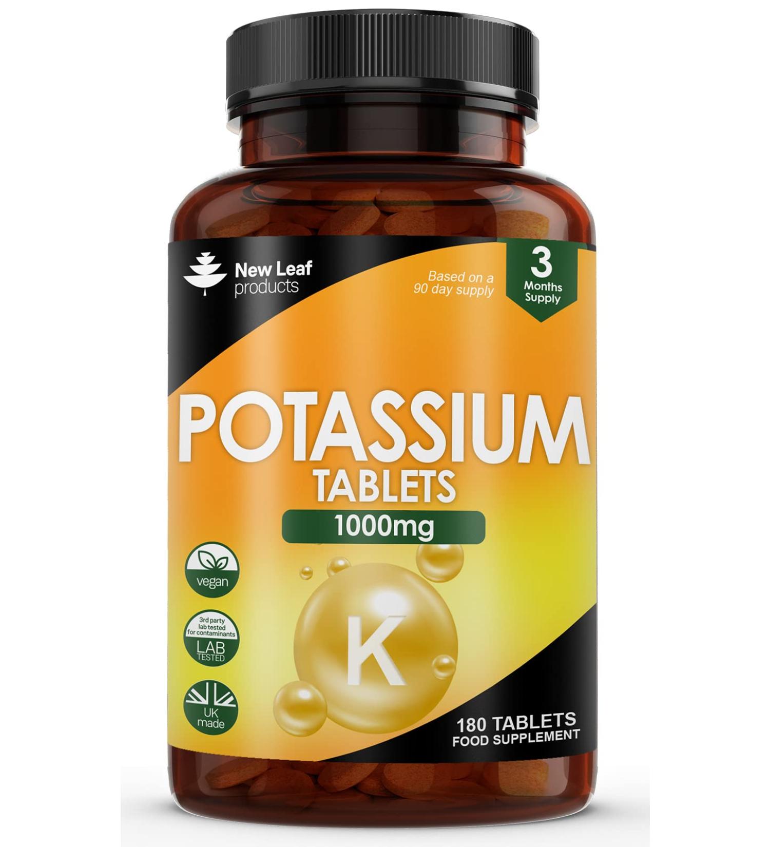 High Strength Potassium Supplement - 180 Vegan Tablets for Muscle & Nervous System - Gluten-Free, Non-GMO - Made in UK by New Leaf - 180 Count - Buy Online on GoSupps.com