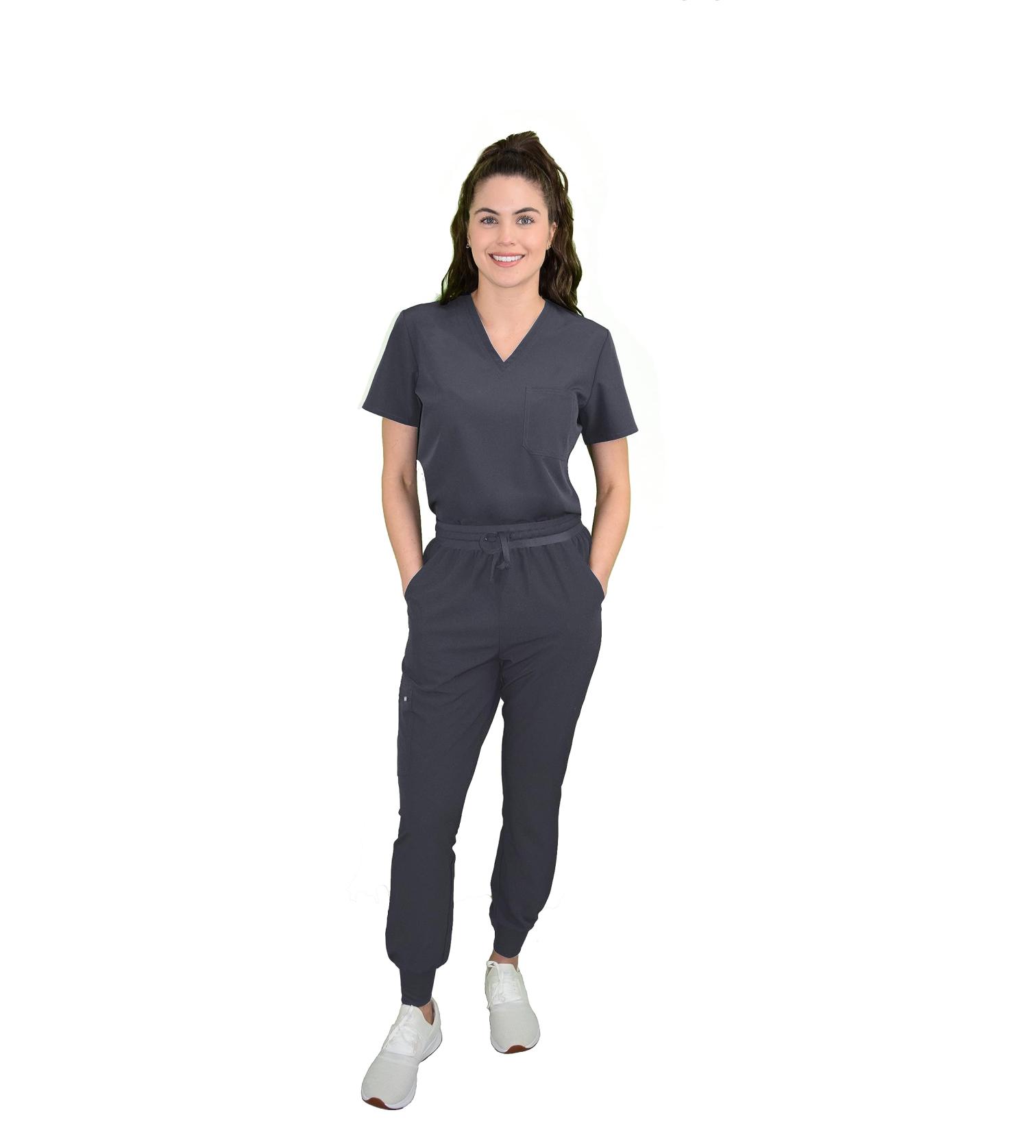 Green Town Women's V-Neck Tuck-In Top & Slim Fit Jogger Yoga Pant Scrub Set - Medium Pewter | GT 4FLEX Nursing Wear - Buy Online on GoSupps.com