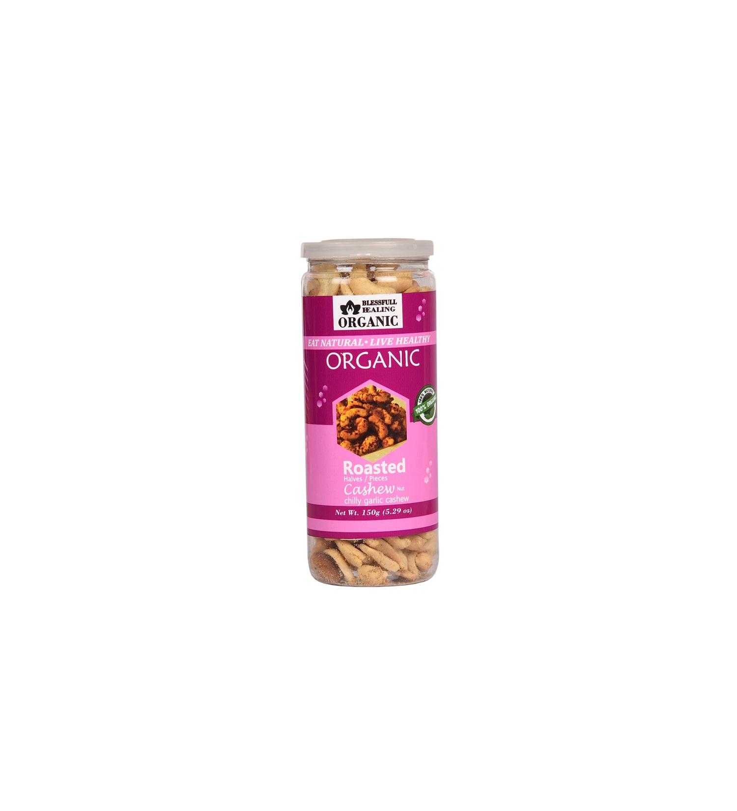 Blessfull Healing Organic Natural Vegan Chilly Garlic Roasted Halves/Pieces Cashew Nuts Crunchy Kaju 150 Gram - Buy Online on GoSupps.com