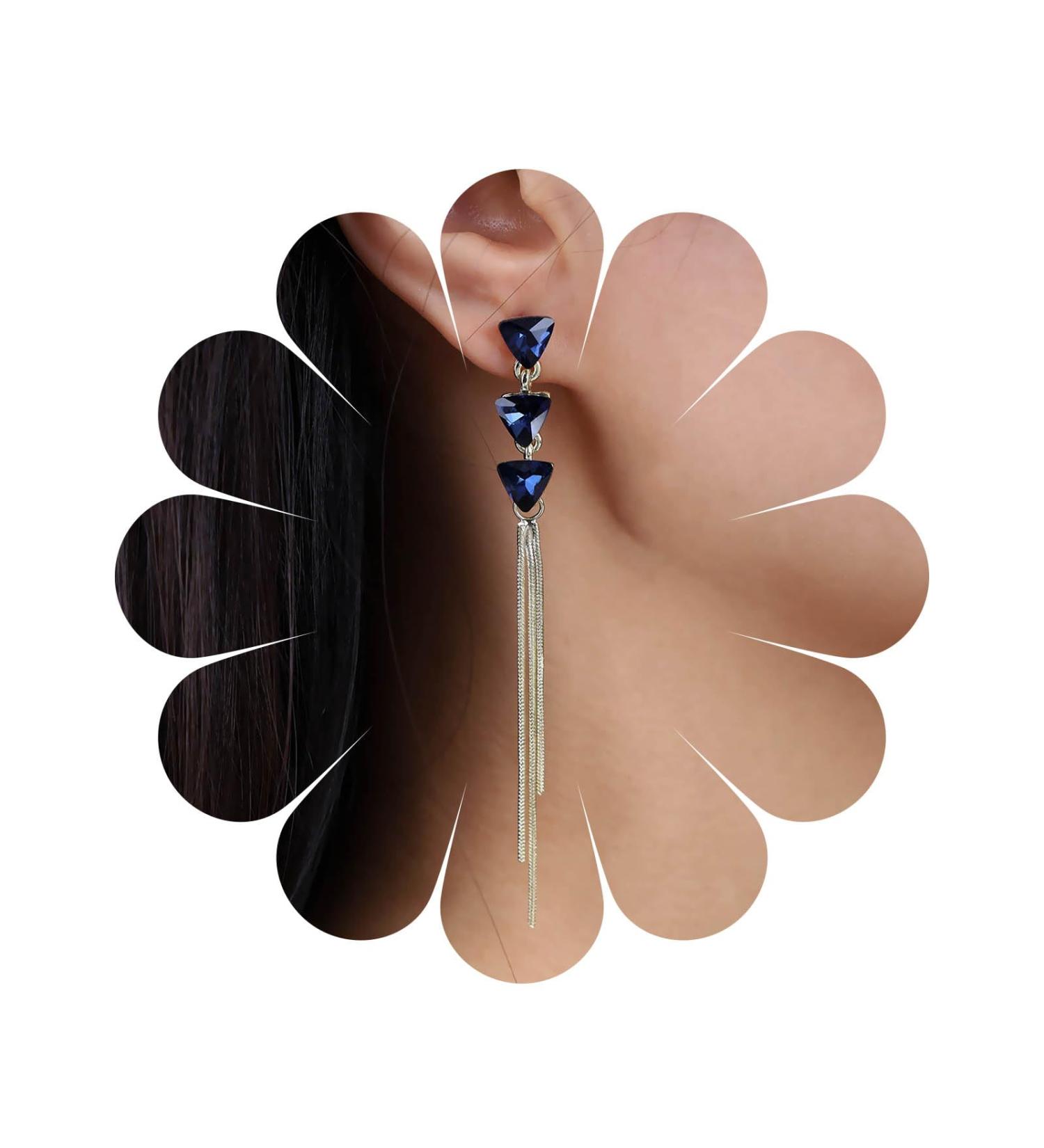 Vintage Sapphire Dangle Earrings - Long Blue Crystal & Gold Chain Tassel Jewelry for Women - Buy Online on GoSupps.com