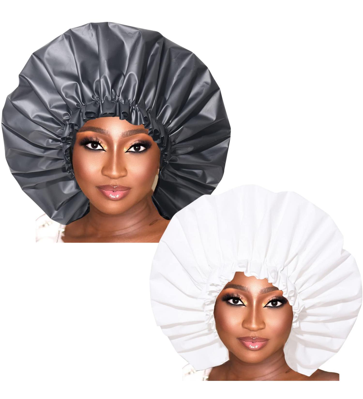VEABEST Jumbo Extra Large Shower Cap 2 Pack - Reusable Waterproof Bath Hair Cap for Women with Thick Long Hair, Locs, Braids - Adjustable, Black and White - Buy Online on GoSupps.com