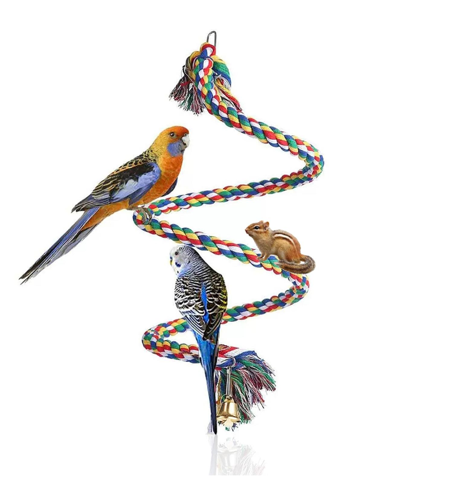 Parrot Perch Spiral Colorful Budgie Toys Cotton Rope Cockatiel Toy Bird Swing Birdcage Perches Chewing Standing Hanging Perch with Bell (100CM) - Buy Online on GoSupps.com