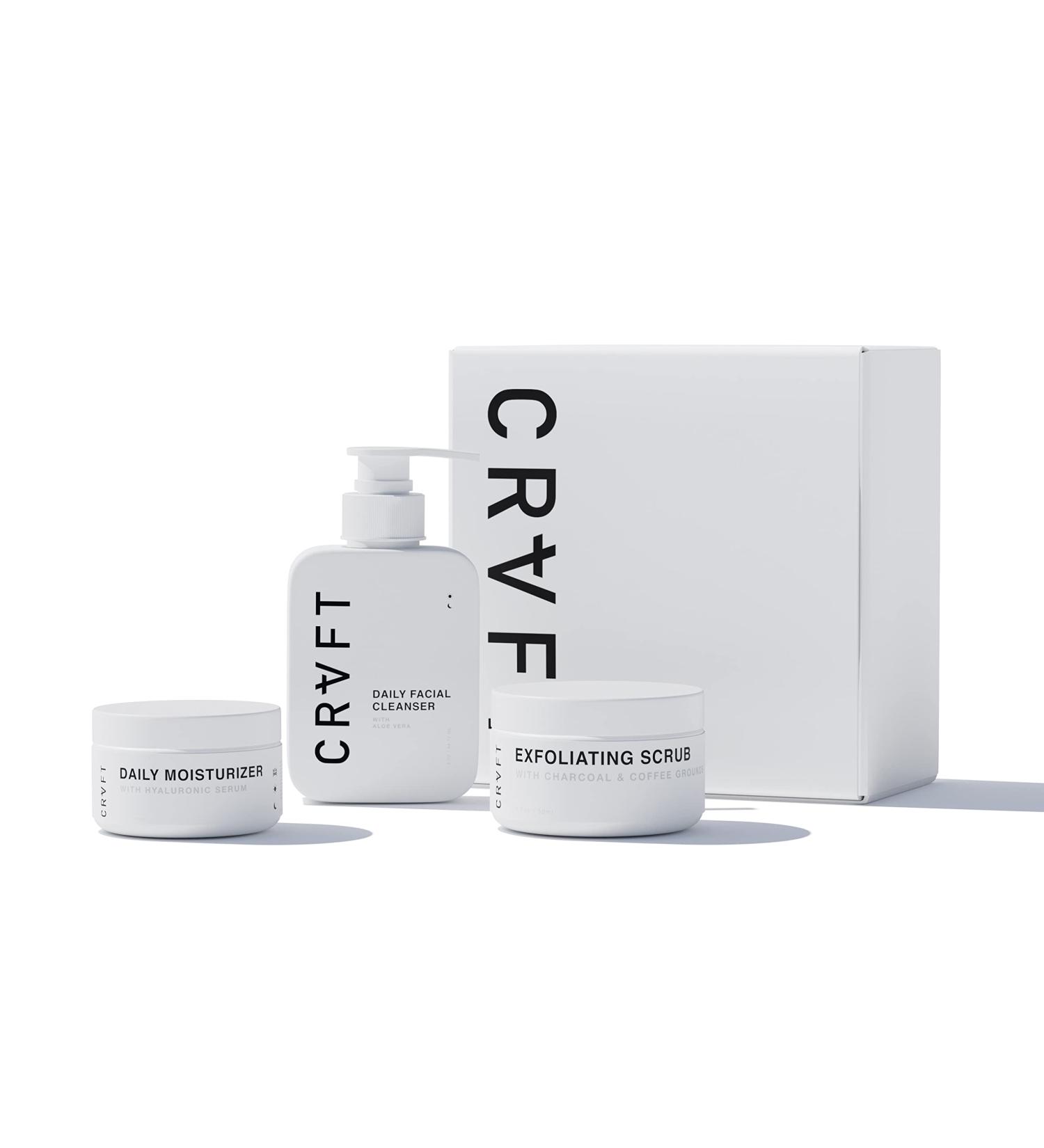 CRVFT Men's Facial Care Kit | Aloe Vera Face Wash, Hyaluronic Moisturizer, Charcoal Exfoliating Scrub | Complete Daily Skin Care System for Men | Scented 3 Piece Kit - Buy Online on GoSupps.com