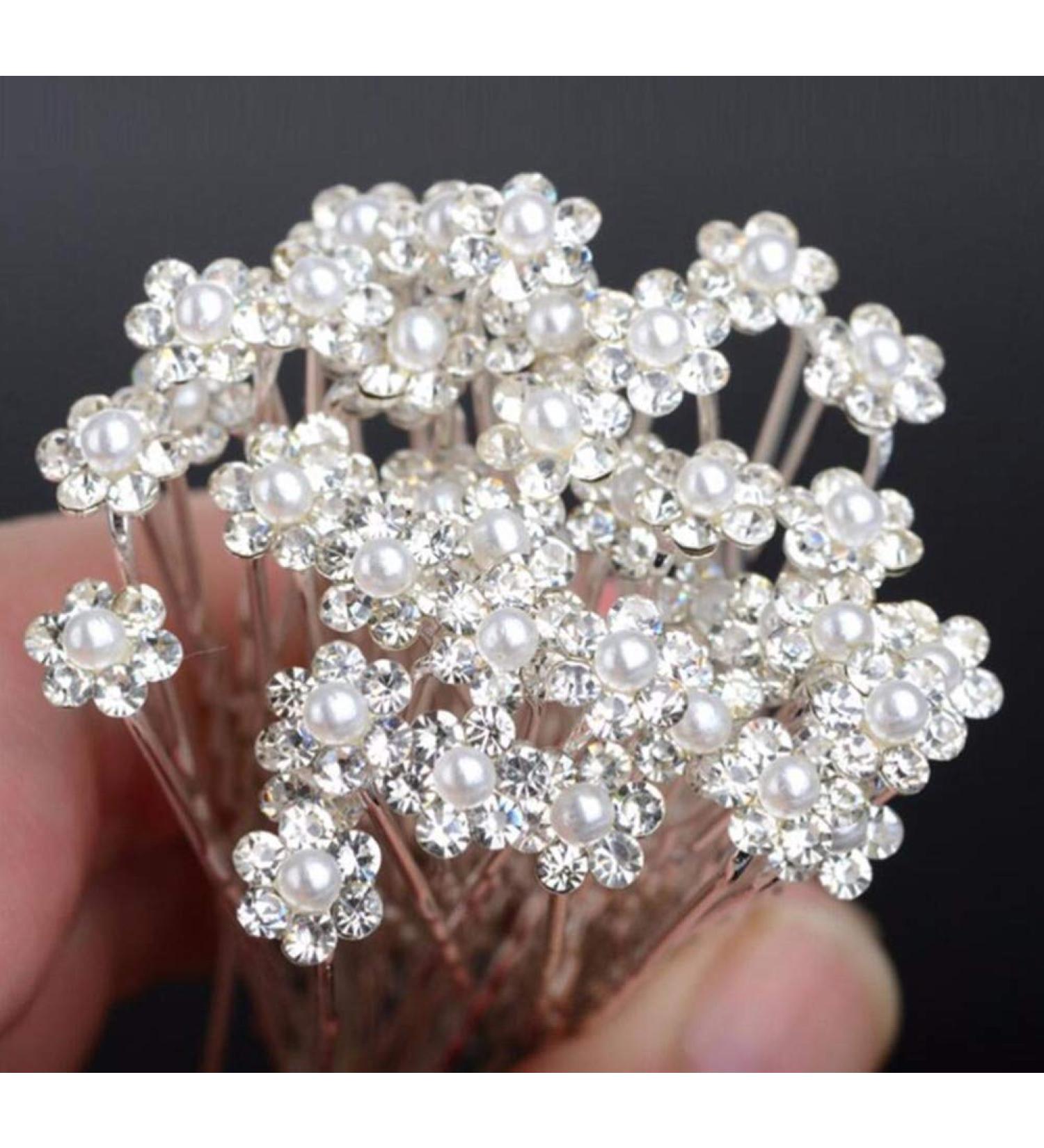 AKOAK Bride Diamond Pearl Flower Tiara 40 Pcs Wedding Bridesmaid Hair Pins - Elegant Women's Hair Jewelry - Buy Online on GoSupps.com