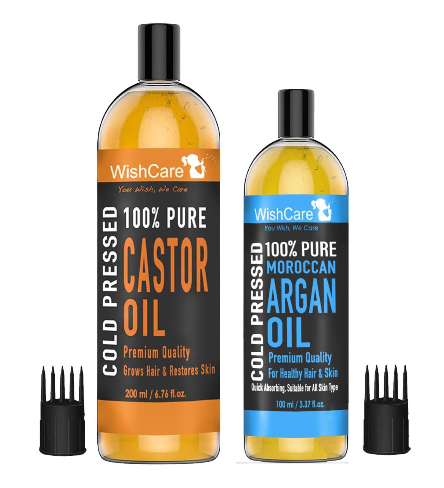 Buy WishCare Premium Cold Pressed Castor Oil (200ml) & Pure Moroccan Argan Oil (100ml) - Best Quality Oils for Hair & Skin | International Shipping - Buy Online on GoSupps.com