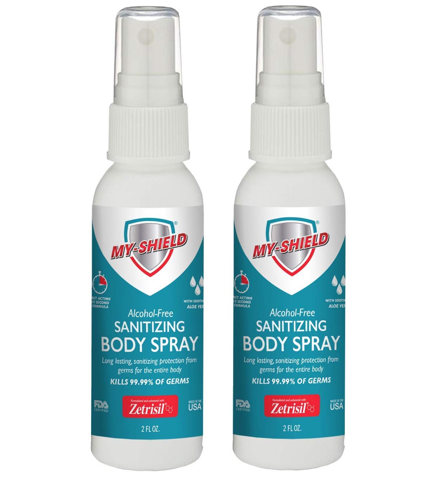 My-Shield Sanitizing Body Spray - Alcohol Free Long Lasting Antimicrobial Protection. Kills 99.99% of Germs. Infused with Aloe Vera (2 oz. 2-Pack)