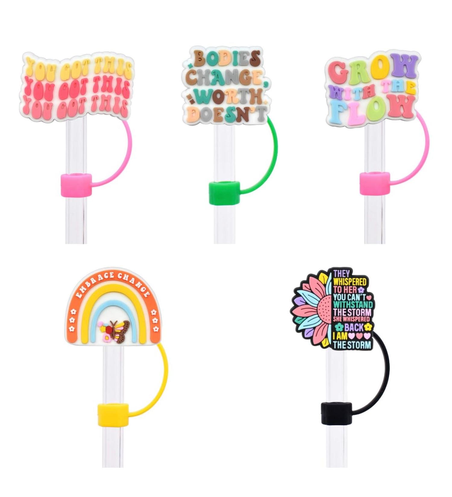 Empowerment Tumbler Straw Covers Pink yellow green white and black