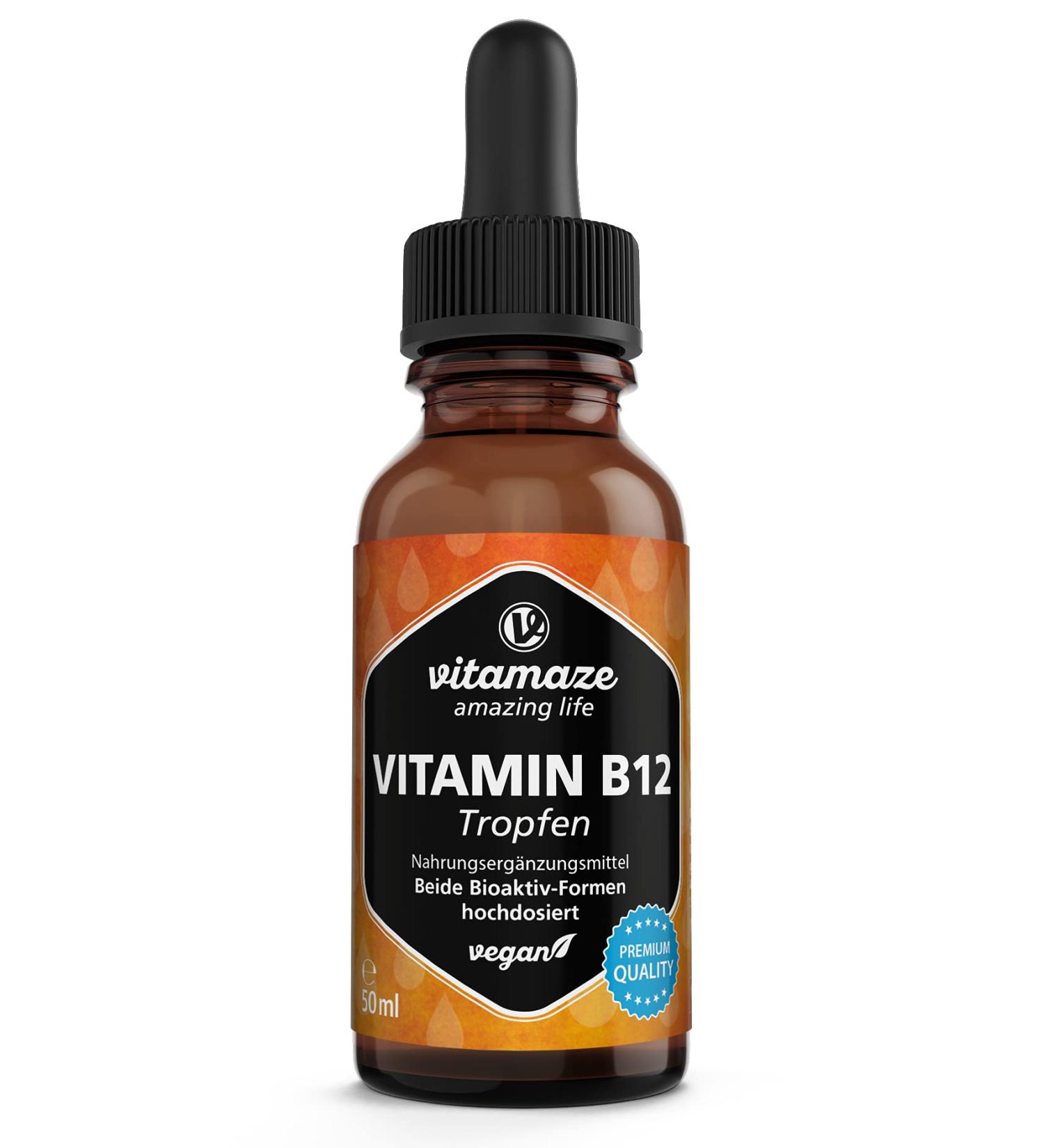 High Dose Vegan Vitamin B12 Drops 500 mcg | Methylcobalamin & Adenosylcobalamin Liquid 50 ml - Additive-Free Dietary Supplement Made in Germany - Buy Online on GoSupps.com