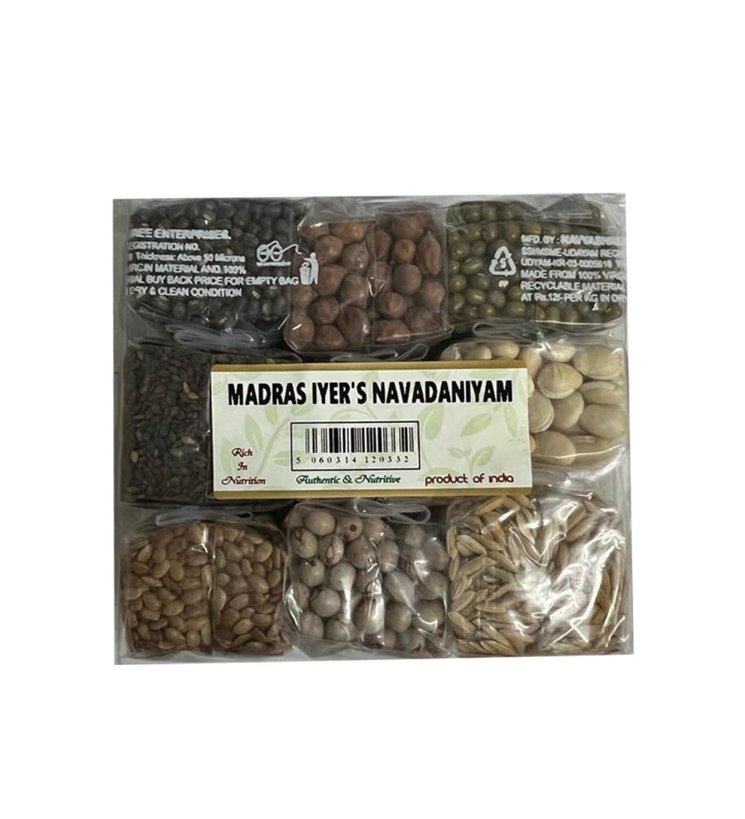Madras Iyer's Navadaniyam Set | Nine Sacred Grains | Uses for Hindu Poojas and Rituals | High Organic Nutrition | Traditional Indian Ingredients | Approx 440Grams (Pack of 1) - Buy Online on GoSupps.com