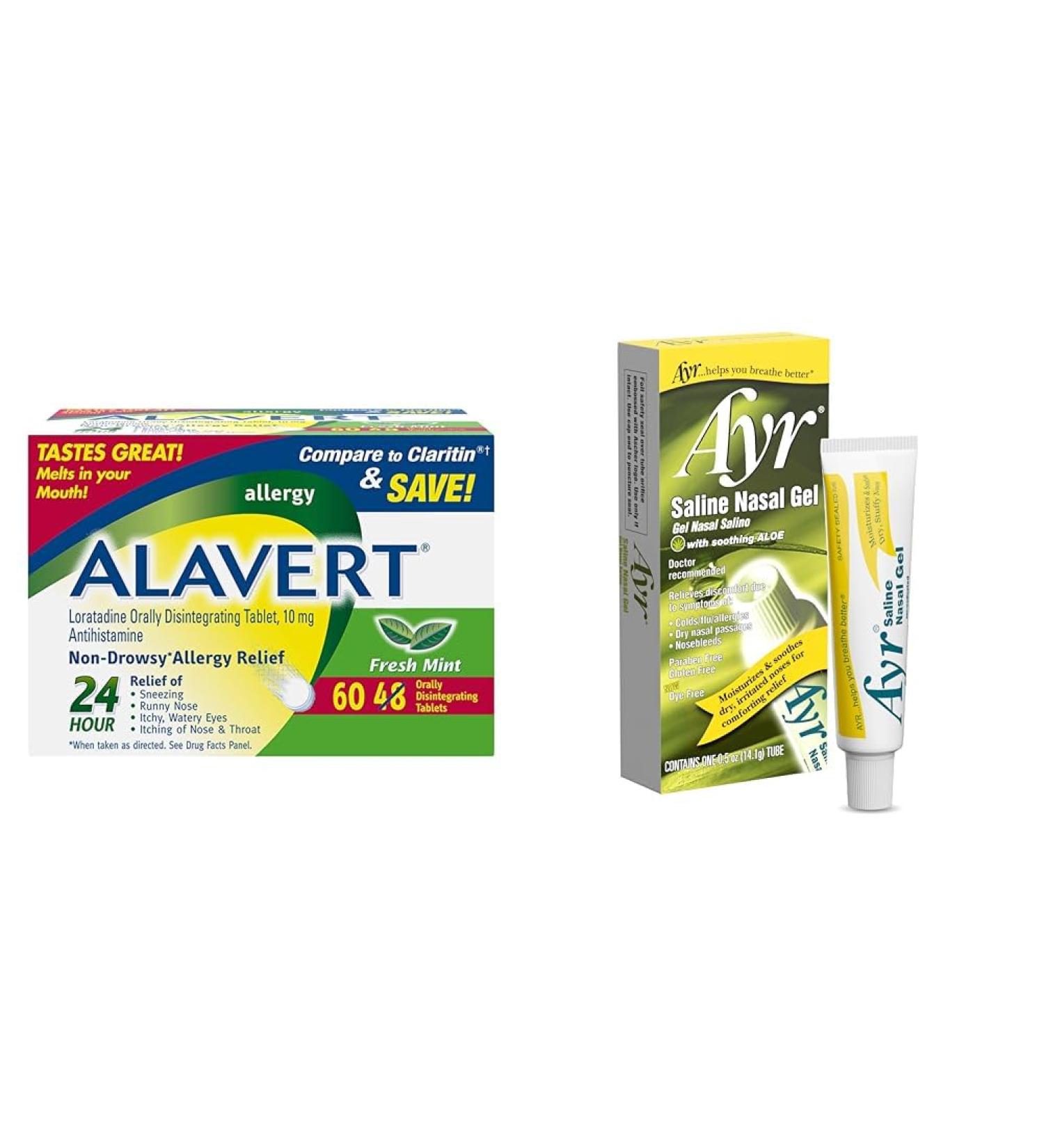 Alavert Allergy 24 Hour 60 Count and Ayr Saline Nasal Gel 0.5 Ounce Allergy Relief Bundle - Buy Online on GoSupps.com