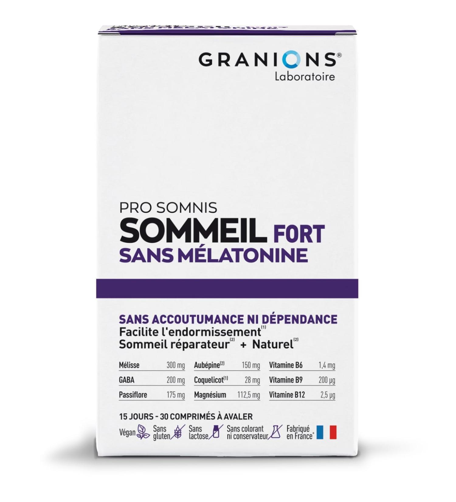 GRANIONS Strong Sleep Without Melatonin - Magnesium Vitamin B12 GABA Passionflower Vitamin B9 Vitamin B6 - Adult Sleep Anti Stress Relaxation Relaxation Wellness 30 Tablets Made in France