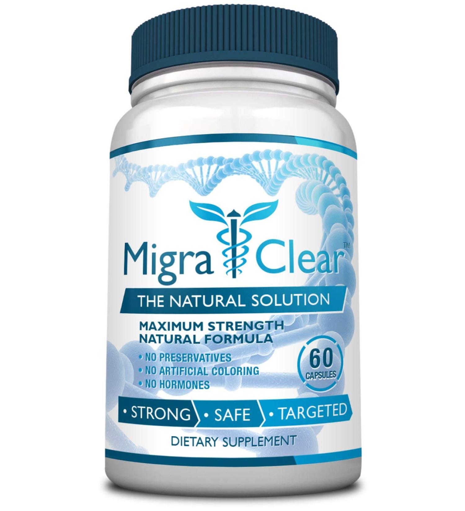 MigraClear 60 Capsules - Natural Migraine Support with Magnesium, Ginkgo Biloba, Ginger & Feverfew - 1 Bottle Pack - Buy Online on GoSupps.com