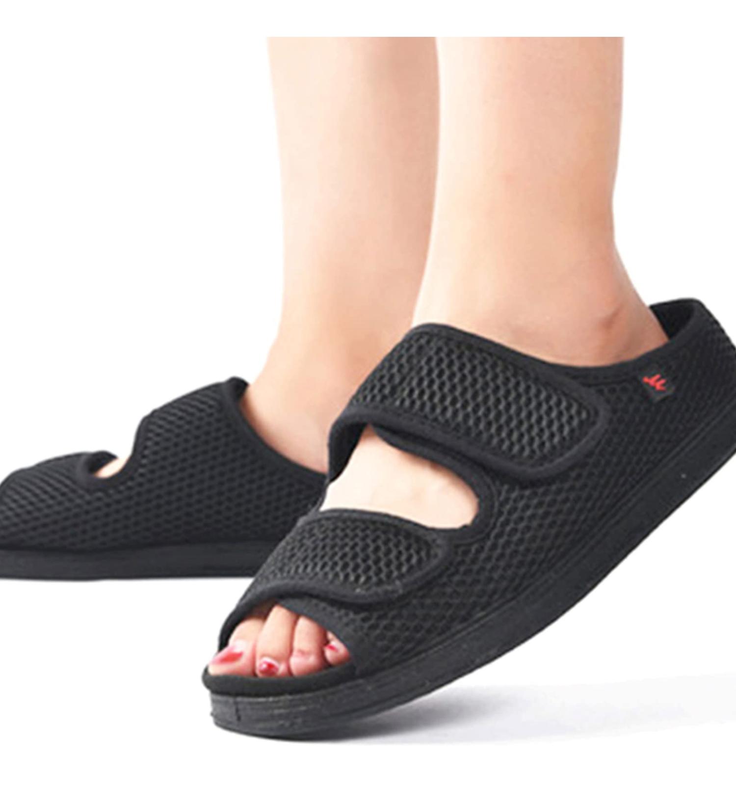 LEEWEE Wide Width Open Toe House Slippers for Conditions like Hammer Toe Plantar Fasciitis Black Size 40