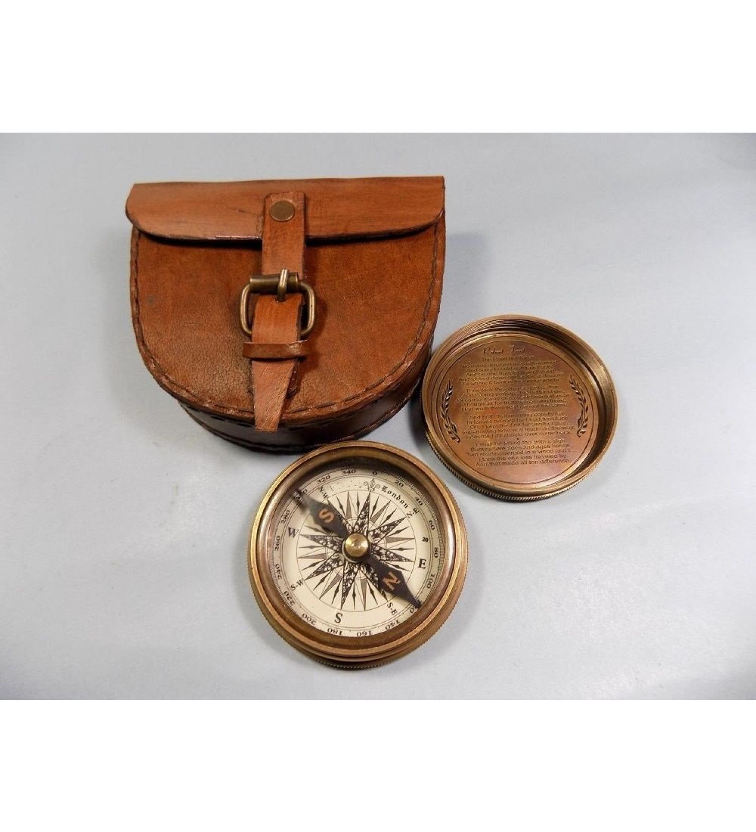 Vintage Brass Pocket Compass with Leather Case - Rustic Home Decor Gift - Buy Online on GoSupps.com