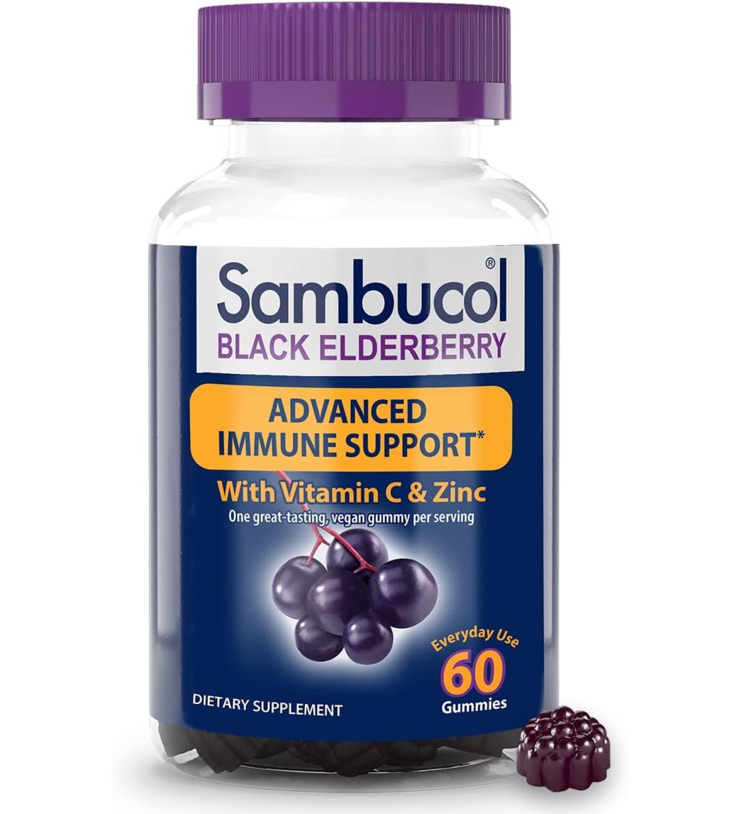 Sambucol Black Elderberry Gummies â€“ Immune Support with Vitamin C & Zinc â€“ 60 Natural Berry Gummies - Buy Online on GoSupps.com