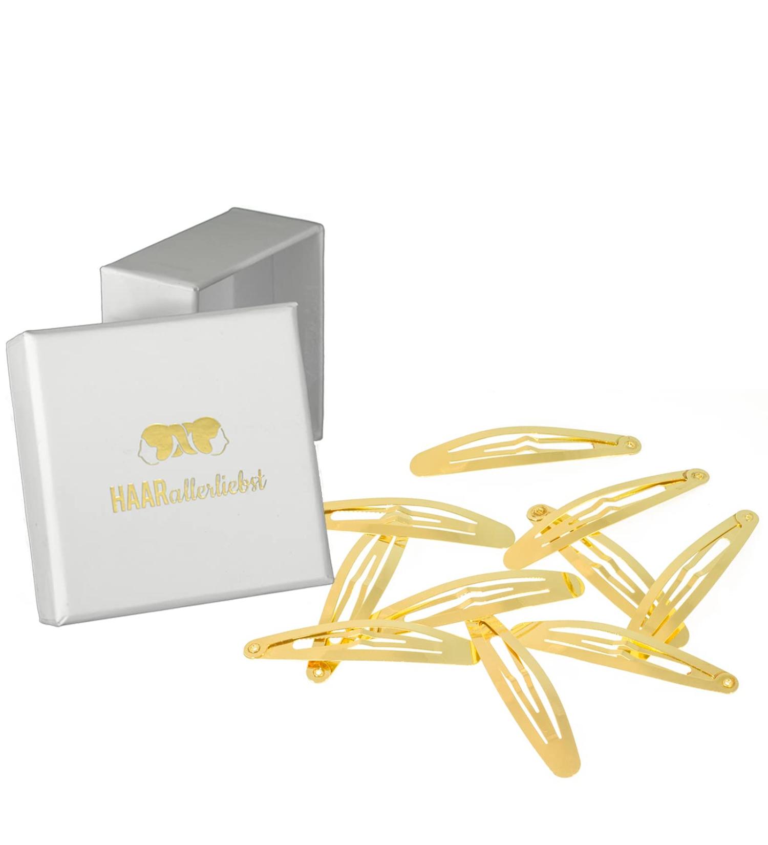 HAARallerliebst Oval Hair Clips - 10 Shiny Gold Clips (6 cm) with White Storage Box | International Shipping Available - Buy Online on GoSupps.com