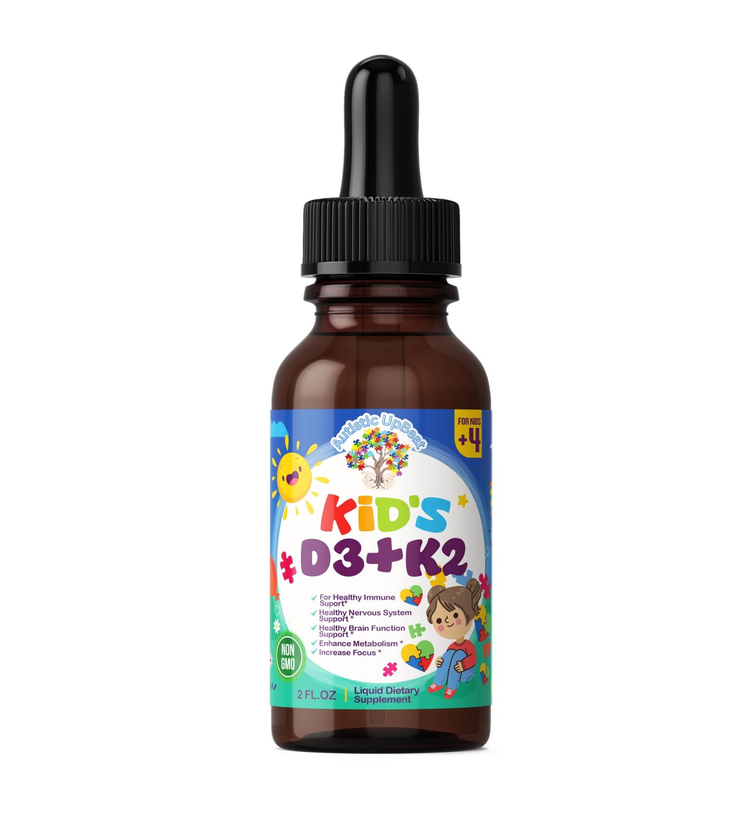 Autistic UpBeat: Kids Vitamin D3 & K2 Drops - Liquid D3 for Children with K2 MK-7 | Non GMO Supplement for Immune Brain Bone & Focus Support - 2 FL OZ Easy to use Liquid Drops Supplement Ages 4+ - Buy Online on GoSupps.com